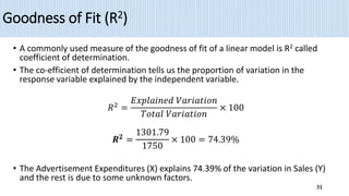 Goodness of Fit (R2)
• A commonly used measure of the goodness of fit of a linear model is R2 called
coefficient of determination.
• The co-efficient of determination tells us the proportion of variation in the
response variable explained by the independent variable.
𝑅2
=
𝐸𝑥𝑝𝑙𝑎𝑖𝑛𝑒𝑑 𝑉𝑎𝑟𝑖𝑎𝑡𝑖𝑜𝑛
𝑇𝑜𝑡𝑎𝑙 𝑉𝑎𝑟𝑖𝑎𝑡𝑖𝑜𝑛
× 100
𝑹𝟐
=
1301.79
1750
× 100 = 74.39%
• The Advertisement Expenditures (X) explains 74.39% of the variation in Sales (Y)
and the rest is due to some unknown factors.
31
 