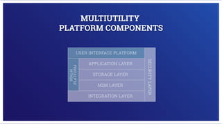 MULTIUTILITY
PLATFORM COMPONENTS
USER INTERFACE PLATFORM
APPLICATION LAYER
STORAGE LAYER
M2M LAYER
INTEGRATION LAYER
NIALM
PLATFORM
SECURITYLAYER
 