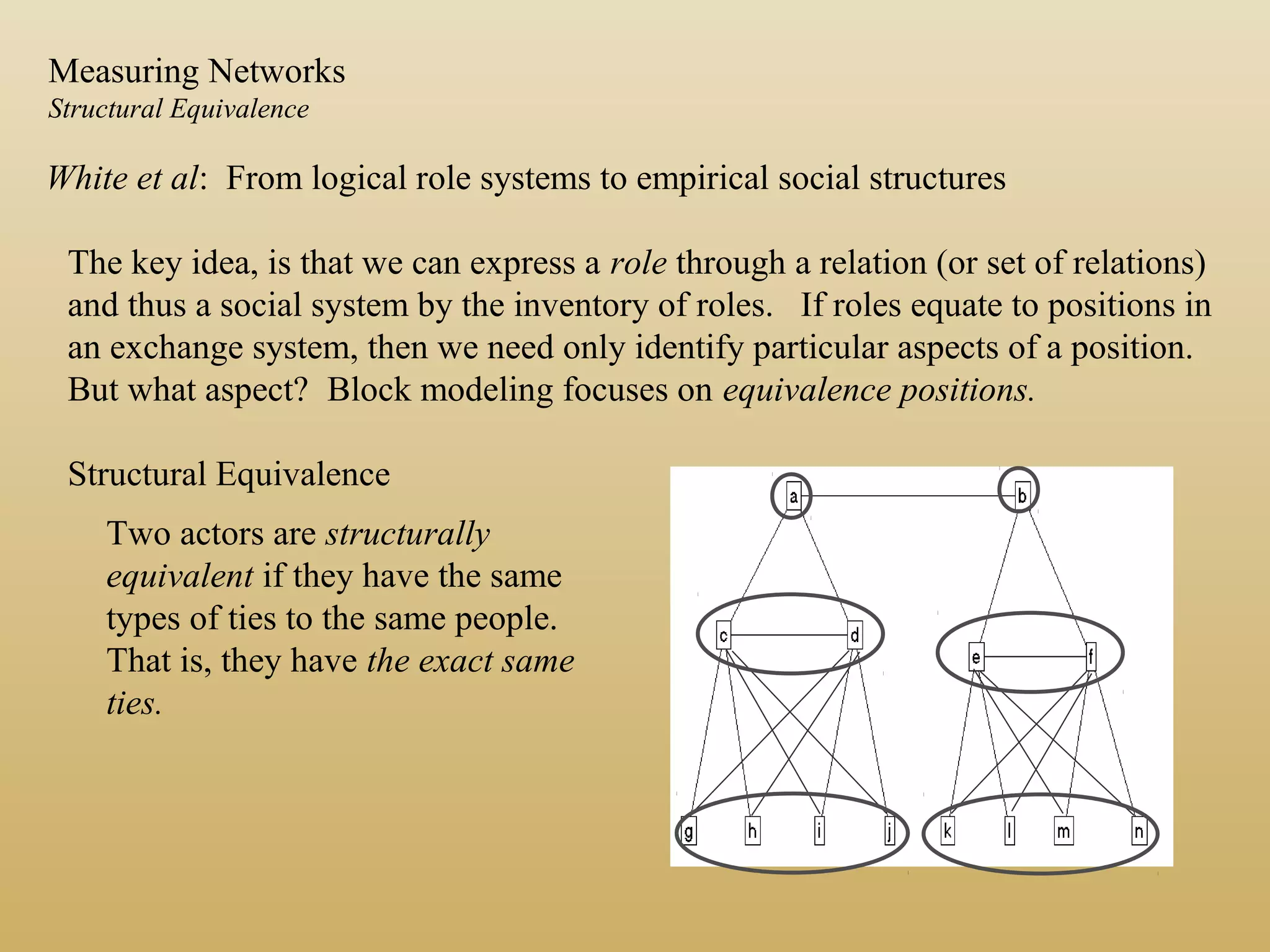 White et al: From logical role systems to empirical social structures
The key idea, is that we can express a role through a relation (or set of relations)
and thus a social system by the inventory of roles. If roles equate to positions in
an exchange system, then we need only identify particular aspects of a position.
But what aspect? Block modeling focuses on equivalence positions.
Structural Equivalence
Two actors are structurally
equivalent if they have the same
types of ties to the same people.
That is, they have the exact same
ties.
Measuring Networks
Structural Equivalence
 