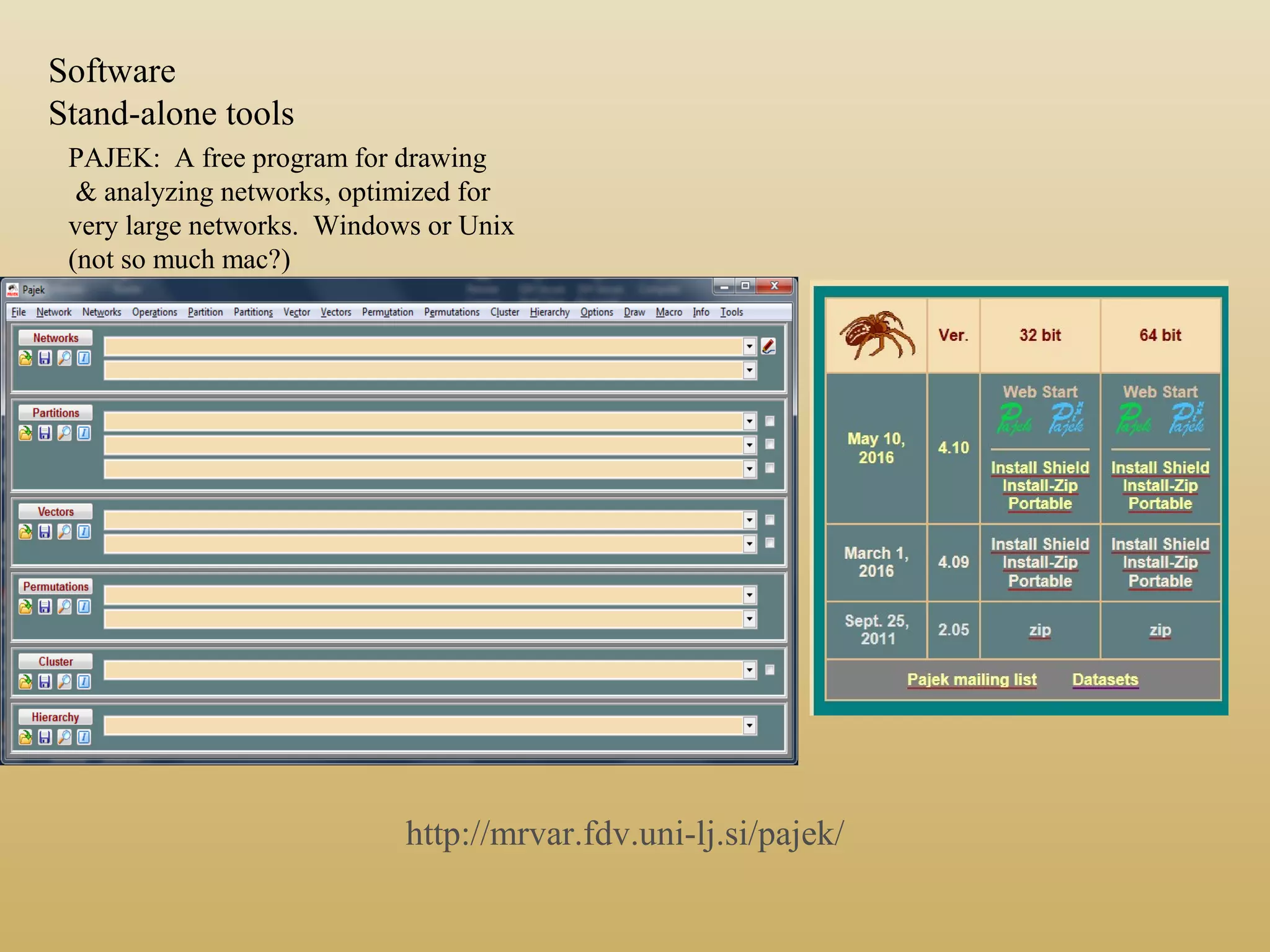 PAJEK: A free program for drawing
& analyzing networks, optimized for
very large networks. Windows or Unix
(not so much mac?)
http://mrvar.fdv.uni-lj.si/pajek/
Software
Stand-alone tools
 