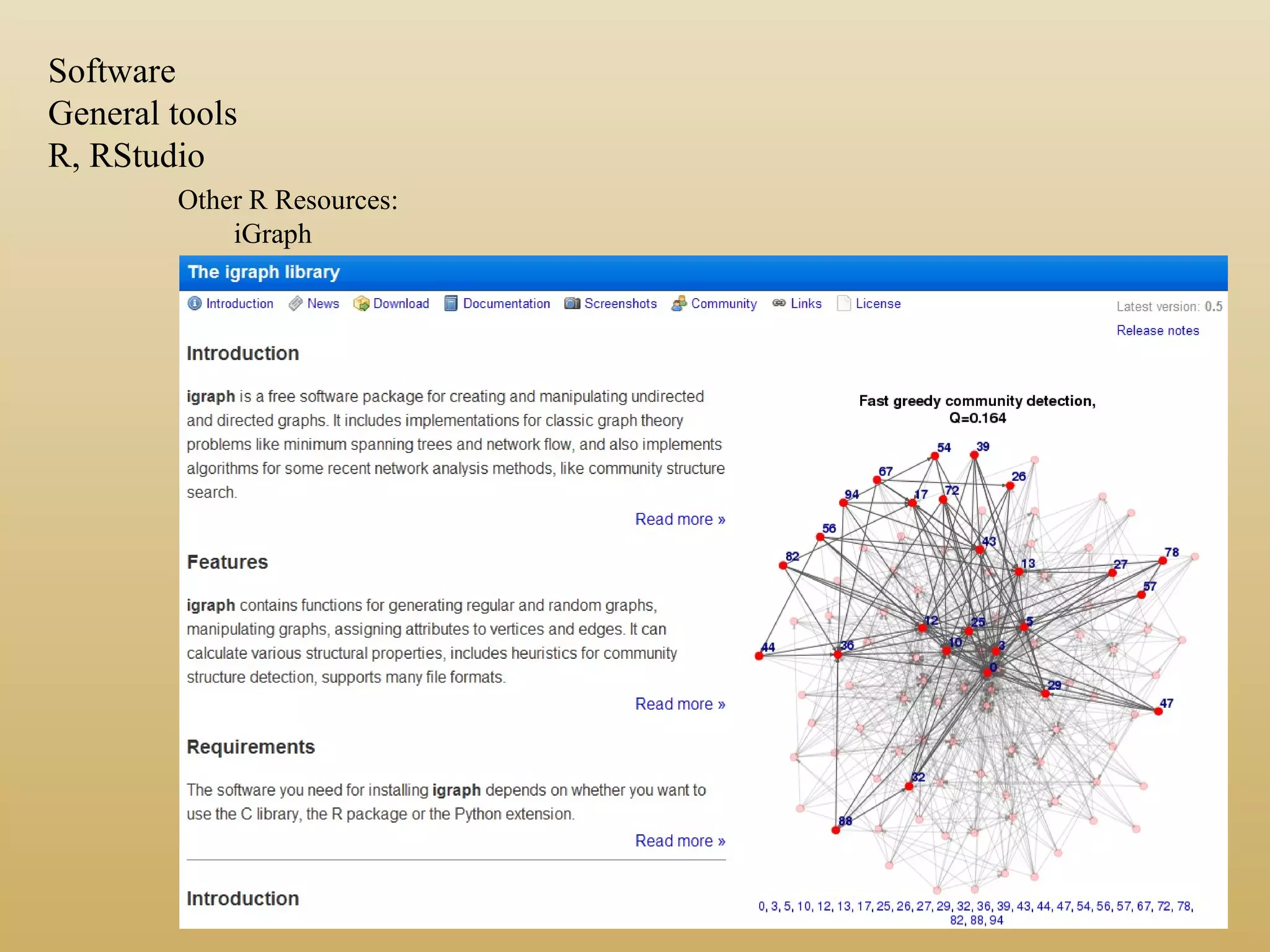 Other R Resources:
iGraph
Software
General tools
R, RStudio
 