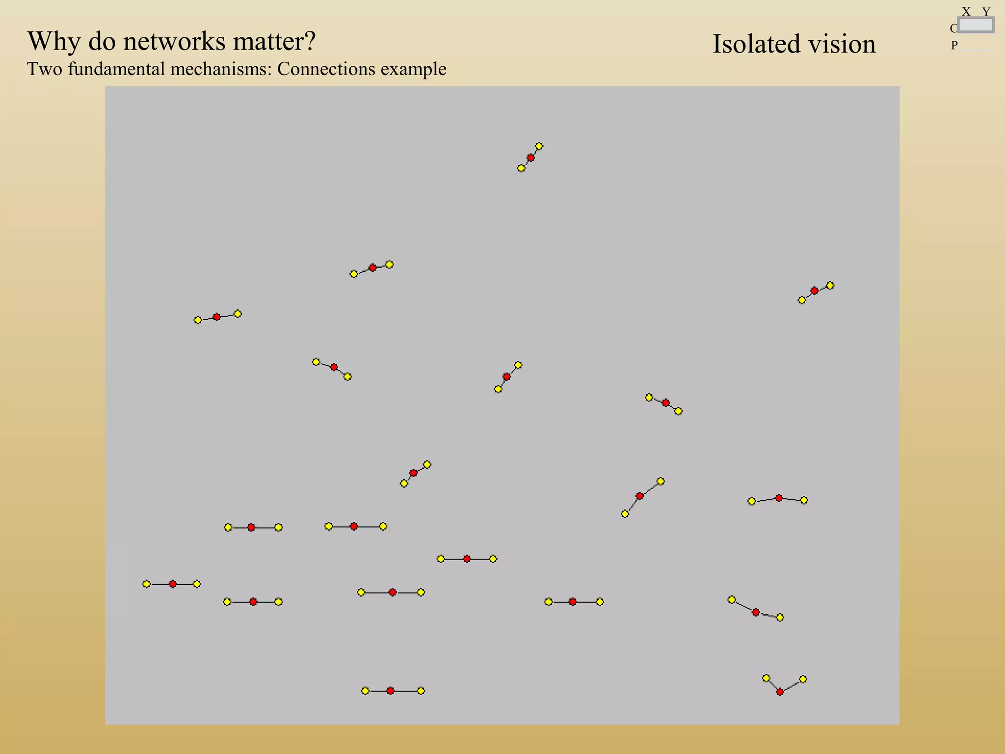 Isolated visionWhy do networks matter?
Two fundamental mechanisms: Connections example
C
P
X Y
 