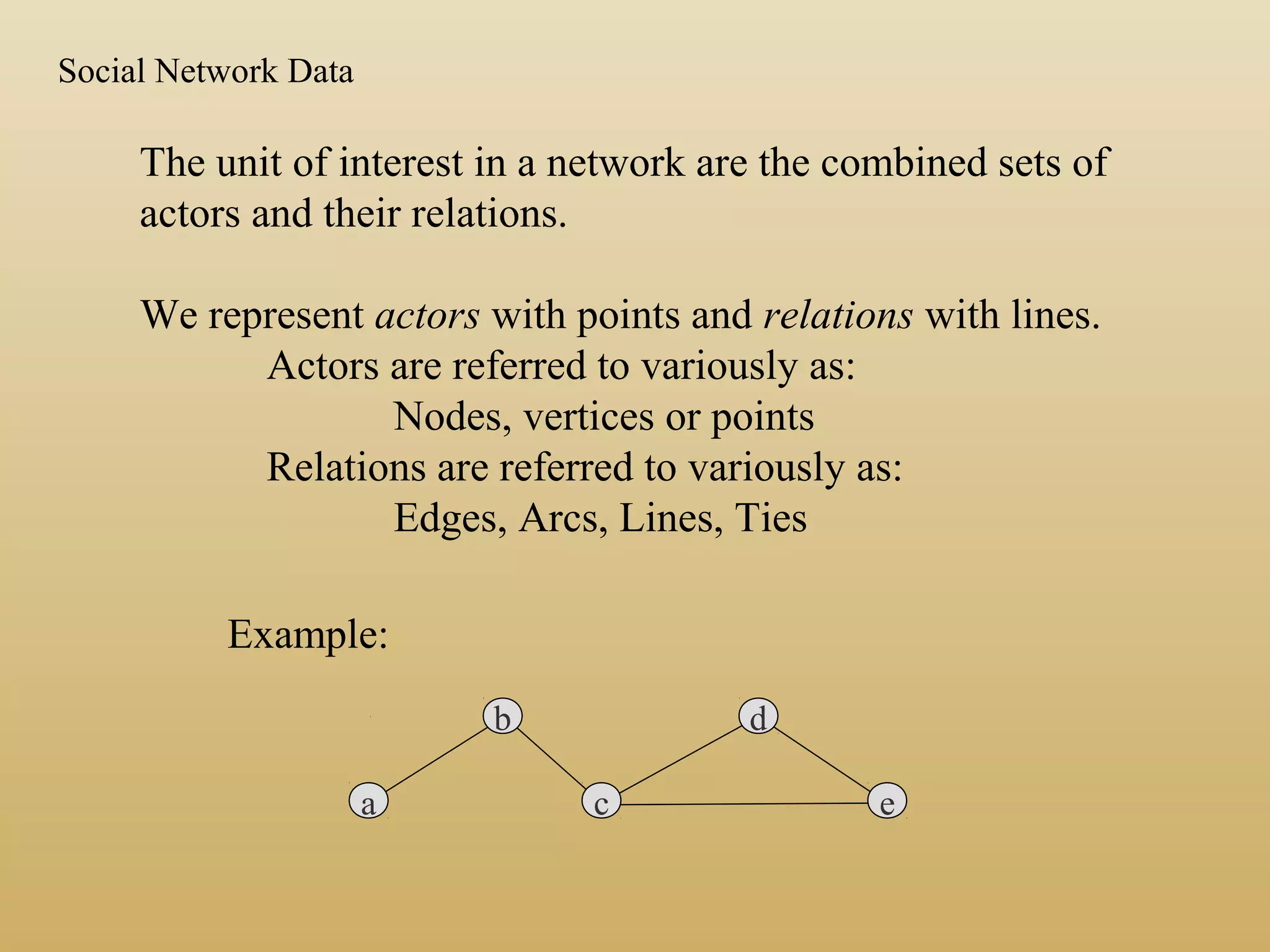 The unit of interest in a network are the combined sets of
actors and their relations.
We represent actors with points and relations with lines.
Actors are referred to variously as:
Nodes, vertices or points
Relations are referred to variously as:
Edges, Arcs, Lines, Ties
Example:
a
b
c e
d
Social Network Data
 