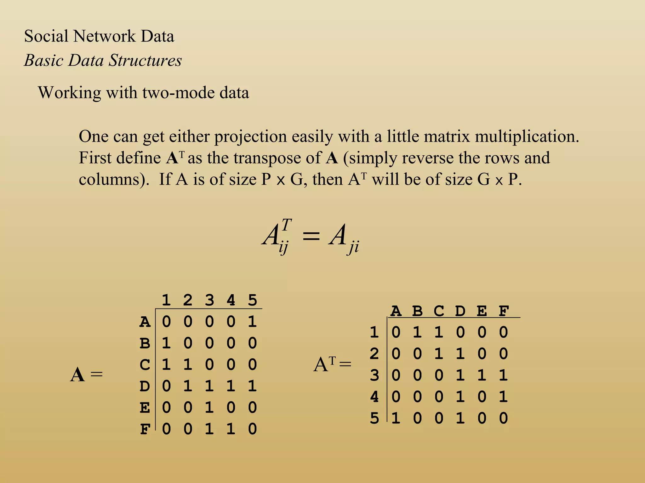 One can get either projection easily with a little matrix multiplication.
First define AT
as the transpose of A (simply reverse the rows and
columns). If A is of size P x G, then AT
will be of size G x P.
ji
T
ij AA =
1 2 3 4 5
A 0 0 0 0 1
B 1 0 0 0 0
C 1 1 0 0 0
D 0 1 1 1 1
E 0 0 1 0 0
F 0 0 1 1 0
A =
A B C D E F
1 0 1 1 0 0 0
2 0 0 1 1 0 0
3 0 0 0 1 1 1
4 0 0 0 1 0 1
5 1 0 0 1 0 0
AT
=
Working with two-mode data
Basic Data Structures
Social Network Data
 