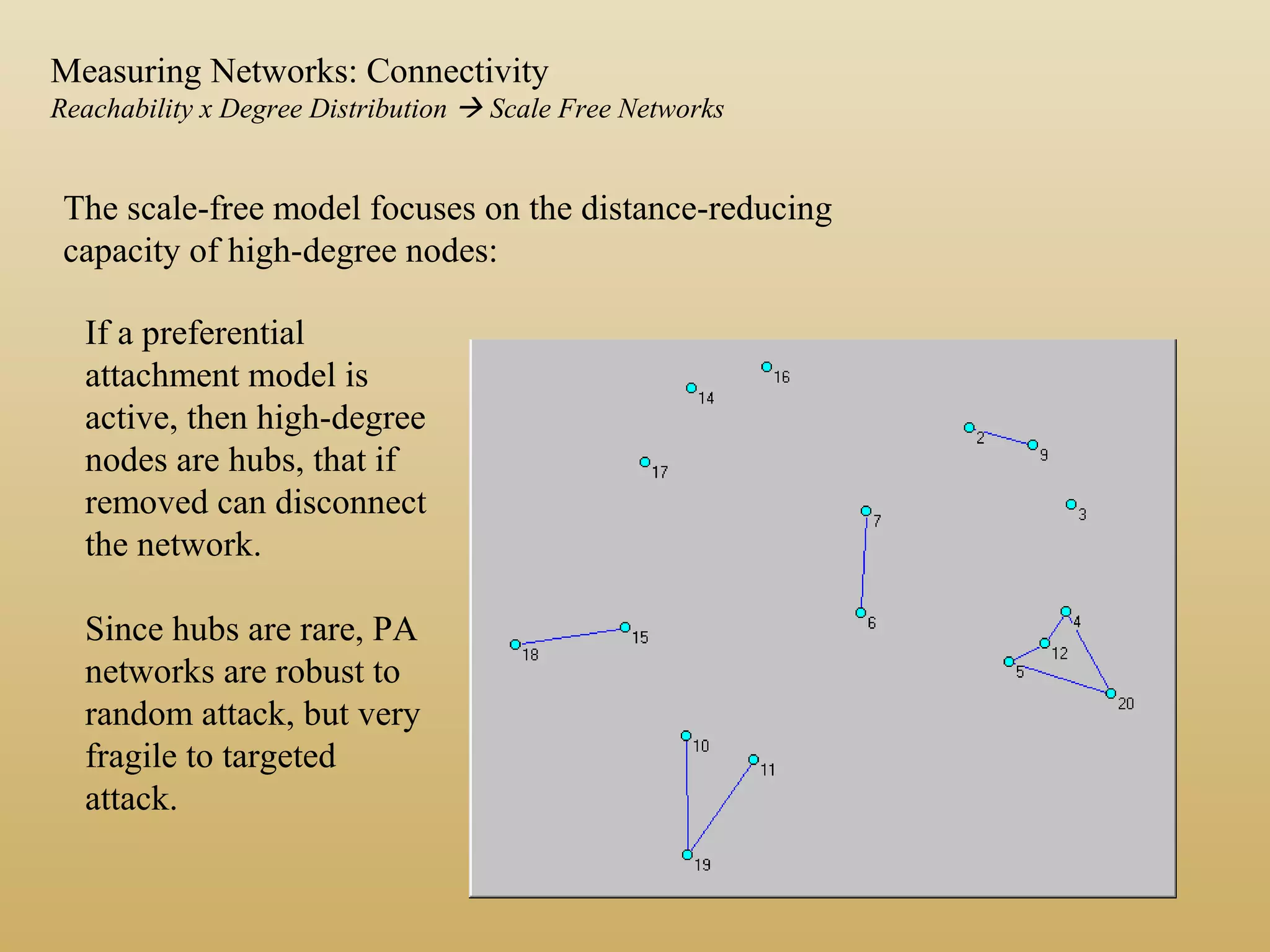 Measuring Networks: Connectivity
Reachability x Degree Distribution  Scale Free Networks
The scale-free model focuses on the distance-reducing
capacity of high-degree nodes:
If a preferential
attachment model is
active, then high-degree
nodes are hubs, that if
removed can disconnect
the network.
Since hubs are rare, PA
networks are robust to
random attack, but very
fragile to targeted
attack.
 
