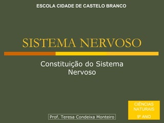 SISTEMA NERVOSO Constituição do Sistema Nervoso ESCOLA CIDADE DE CASTELO BRANCO CIÊNCIAS NATURAIS 9º ANO Prof. Teresa Condeixa Monteiro 