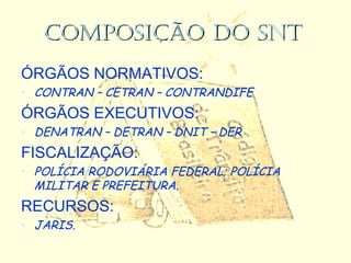 COMPOSIÇÃO DO SNTCOMPOSIÇÃO DO SNT
ÓRGÃOS NORMATIVOS:
• CONTRAN – CETRAN – CONTRANDIFE
ÓRGÃOS EXECUTIVOS:
• DENATRAN – DETRAN – DNIT – DER
FISCALIZAÇÃO:
• POLÍCIA RODOVIÁRIA FEDERAL; POLÍCIA
MILITAR E PREFEITURA.
RECURSOS:
• JARIS.
 