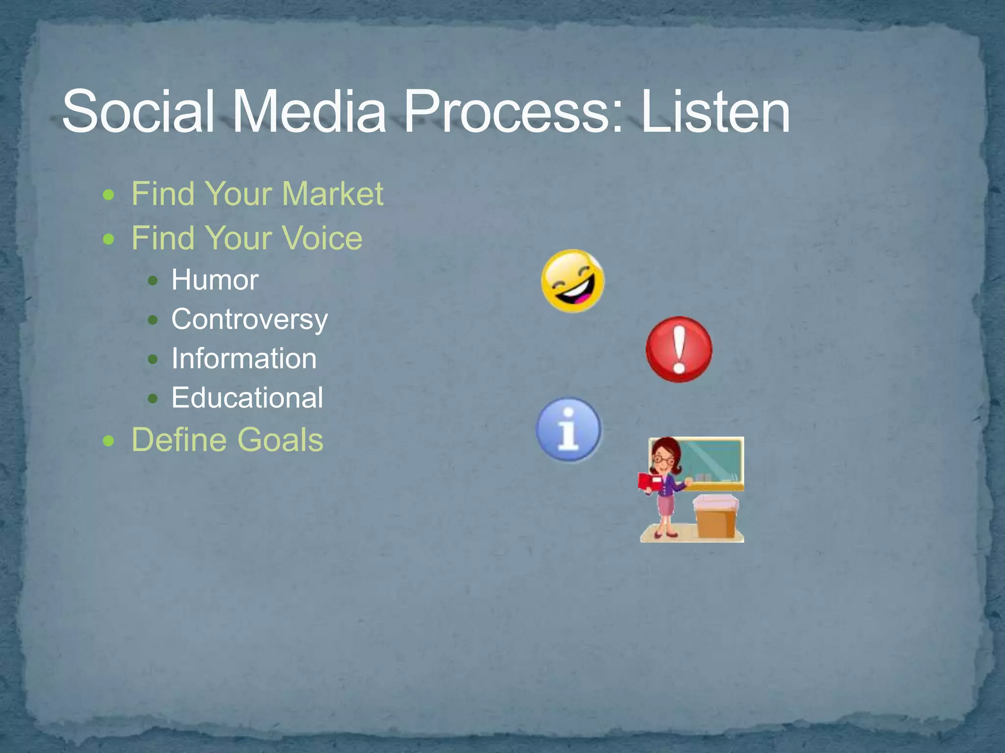  Find Your Market
 Find Your Voice
    Humor
    Controversy
    Information
    Educational
 Define Goals
 