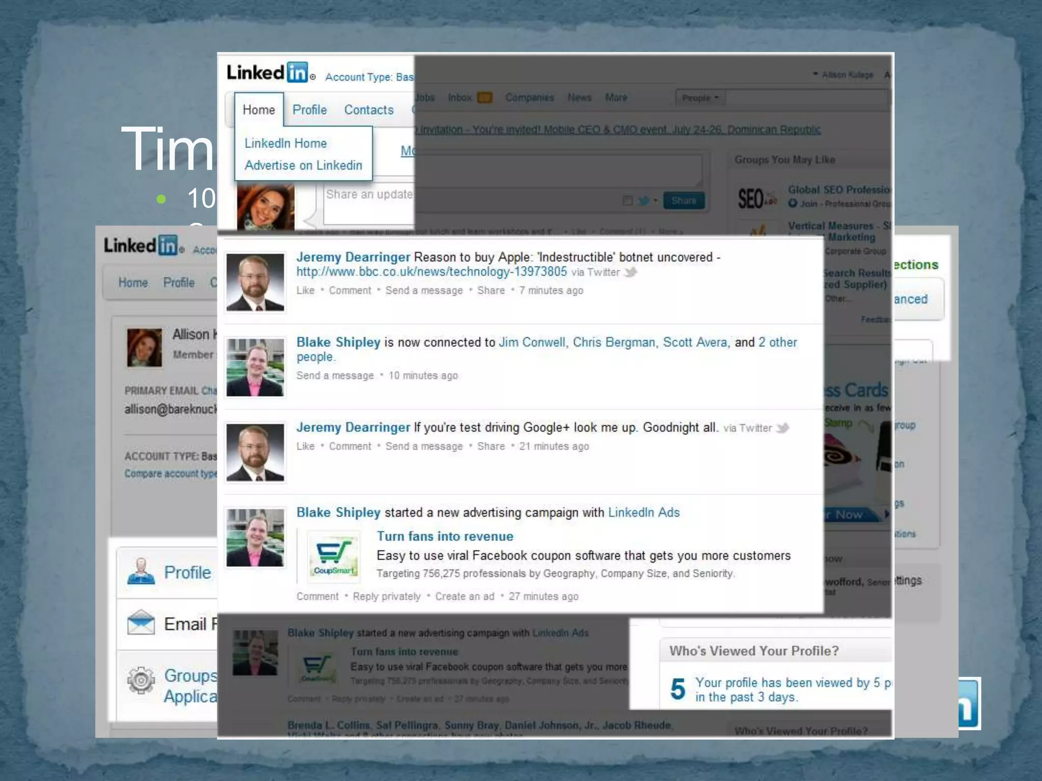    10 – 30 minutes/day
   Create a habit (21habit.com)
   Control Email Notifications
   Start on “Home” page
      View updates
      Statistics
   Review Groups
      Daily or Weekly Email or Groups Tab
      Contribute
   Check Inbox
      Email notifications or on site
      Send email blast
   Connect with people you just met
   Post status update
 