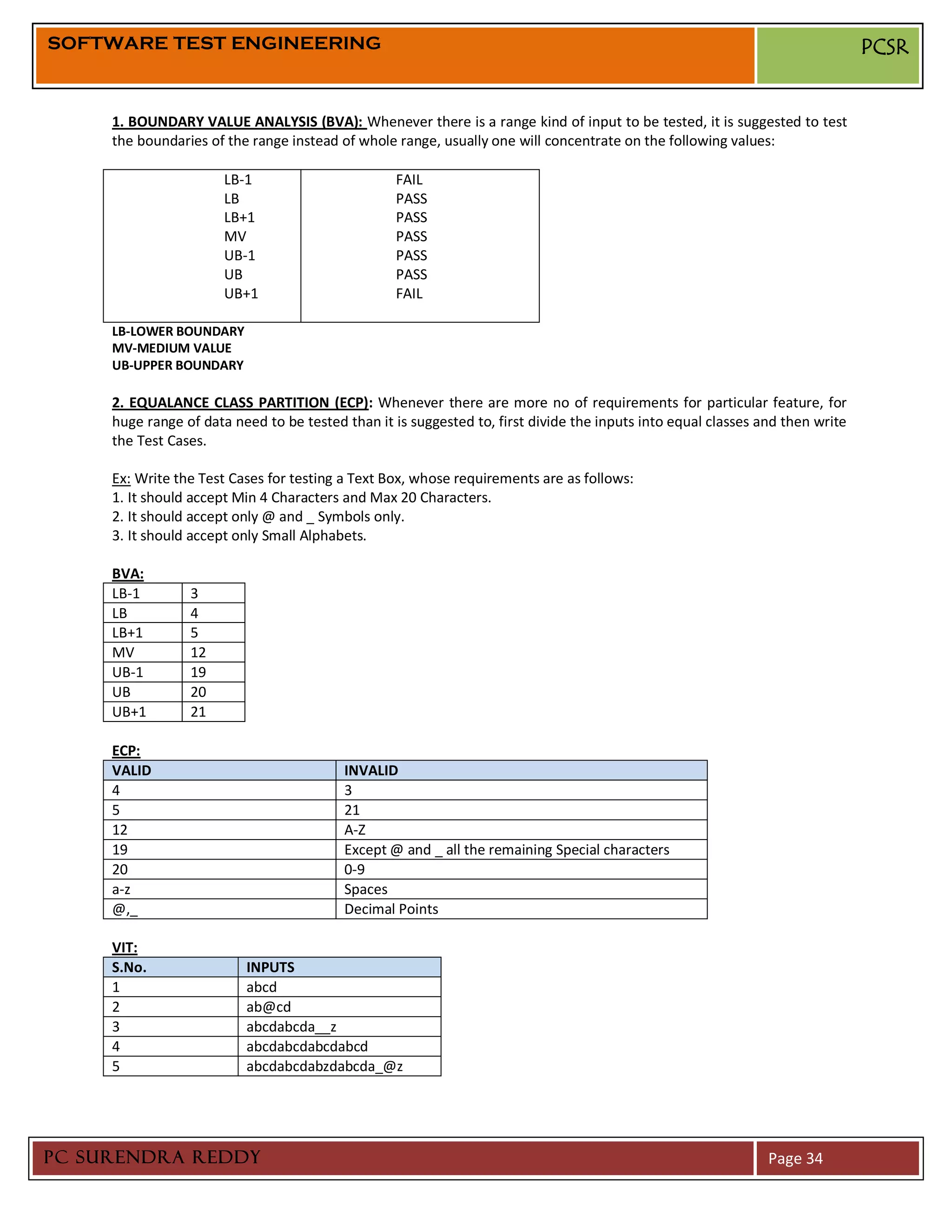 SOFTWARE TEST ENGINEERING                                                                                                      PCSR


     1. BOUNDARY VALUE ANALYSIS (BVA): Whenever there is a range kind of input to be tested, it is suggested to test
     the boundaries of the range instead of whole range, usually one will concentrate on the following values:

                       LB-1                       FAIL
                       LB                         PASS
                       LB+1                       PASS
                       MV                         PASS
                       UB-1                       PASS
                       UB                         PASS
                       UB+1                       FAIL

     LB-LOWER BOUNDARY
     MV-MEDIUM VALUE
     UB-UPPER BOUNDARY

     2. EQUALANCE CLASS PARTITION (ECP): Whenever there are more no of requirements for particular feature, for
     huge range of data need to be tested than it is suggested to, first divide the inputs into equal classes and then write
     the Test Cases.

     Ex: Write the Test Cases for testing a Text Box, whose requirements are as follows:
     1. It should accept Min 4 Characters and Max 20 Characters.
     2. It should accept only @ and _ Symbols only.
     3. It should accept only Small Alphabets.

     BVA:
     LB-1        3
     LB          4
     LB+1        5
     MV          12
     UB-1        19
     UB          20
     UB+1        21

     ECP:
     VALID                                INVALID
     4                                    3
     5                                    21
     12                                   A-Z
     19                                   Except @ and _ all the remaining Special characters
     20                                   0-9
     a-z                                  Spaces
     @,_                                  Decimal Points

     VIT:
     S.No.                INPUTS
     1                    abcd
     2                    ab@cd
     3                    abcdabcda__z
     4                    abcdabcdabcdabcd
     5                    abcdabcdabzdabcda_@z




PC SURENDRA REDDY                                                                                              Page 34
 
