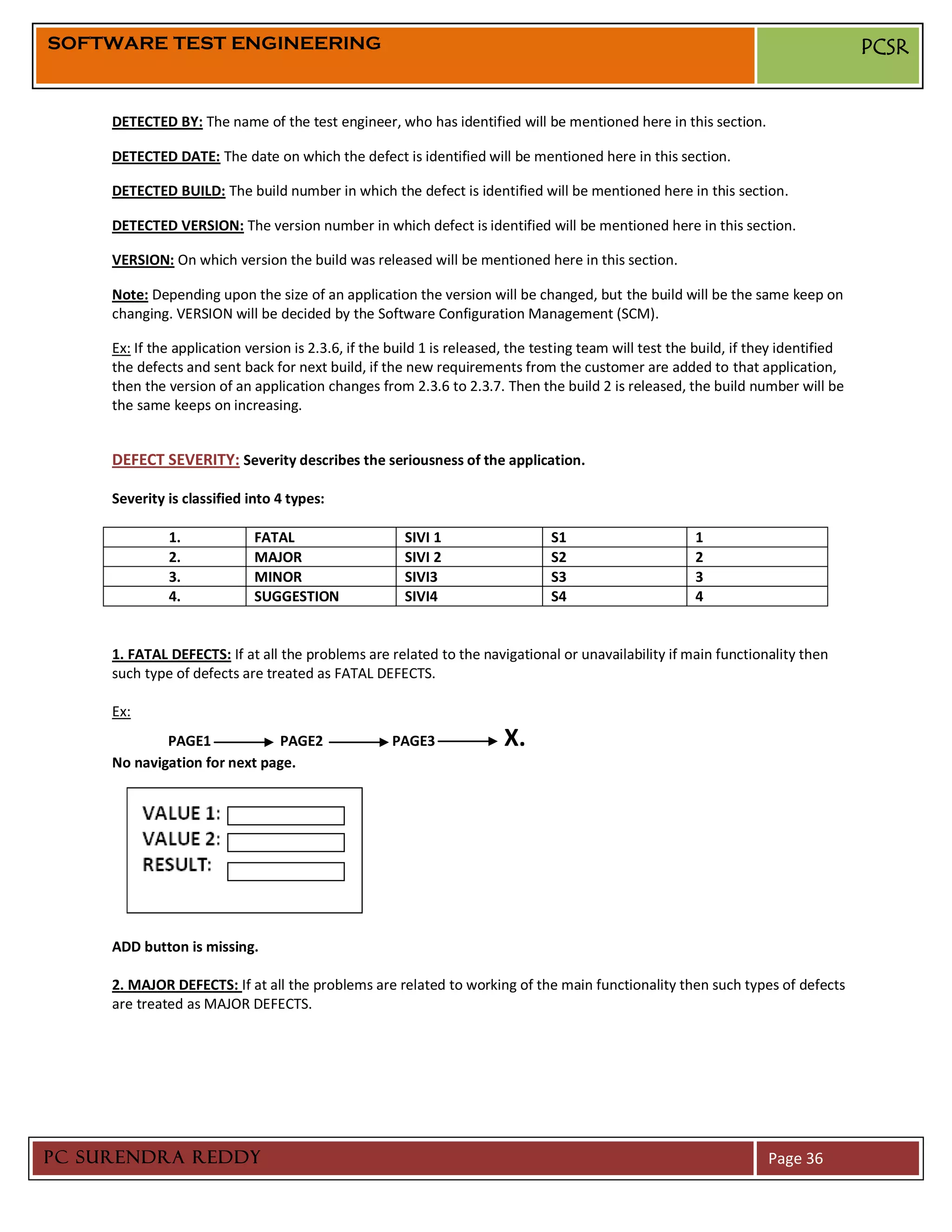 SOFTWARE TEST ENGINEERING                                                                                                            PCSR


     DETECTED BY: The name of the test engineer, who has identified will be mentioned here in this section.

     DETECTED DATE: The date on which the defect is identified will be mentioned here in this section.

     DETECTED BUILD: The build number in which the defect is identified will be mentioned here in this section.

     DETECTED VERSION: The version number in which defect is identified will be mentioned here in this section.

     VERSION: On which version the build was released will be mentioned here in this section.

     Note: Depending upon the size of an application the version will be changed, but the build will be the same keep on
     changing. VERSION will be decided by the Software Configuration Management (SCM).

     Ex: If the application version is 2.3.6, if the build 1 is released, the testing team will test the build, if they identified
     the defects and sent back for next build, if the new requirements from the customer are added to that application,
     then the version of an application changes from 2.3.6 to 2.3.7. Then the build 2 is released, the build number will be
     the same keeps on increasing.


     DEFECT SEVERITY: Severity describes the seriousness of the application.

     Severity is classified into 4 types:

              1.             FATAL                    SIVI 1                   S1                       1
              2.             MAJOR                    SIVI 2                   S2                       2
              3.             MINOR                    SIVI3                    S3                       3
              4.             SUGGESTION               SIVI4                    S4                       4


     1. FATAL DEFECTS: If at all the problems are related to the navigational or unavailability if main functionality then
     such type of defects are treated as FATAL DEFECTS.

     Ex:
             PAGE1            PAGE2                 PAGE3              X.
     No navigation for next page.




     ADD button is missing.

     2. MAJOR DEFECTS: If at all the problems are related to working of the main functionality then such types of defects
     are treated as MAJOR DEFECTS.




PC SURENDRA REDDY                                                                                                    Page 36
 
