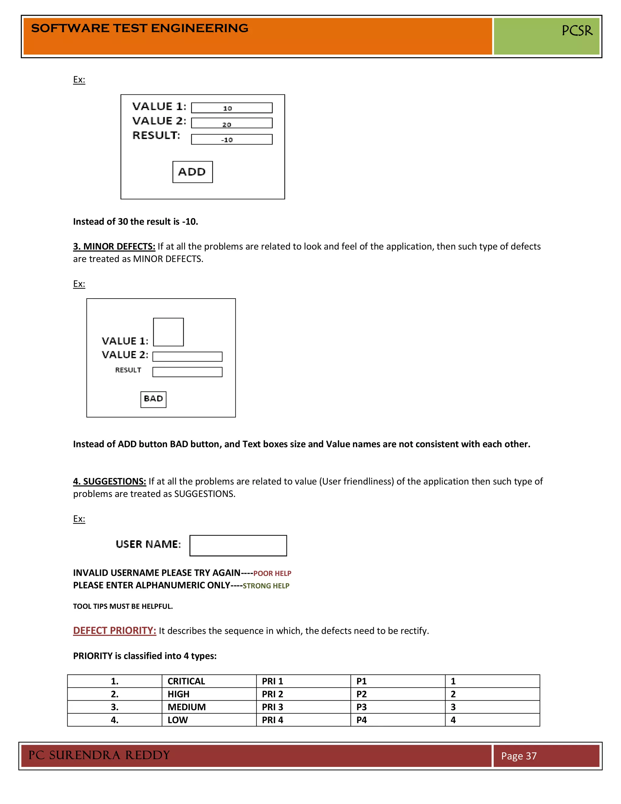SOFTWARE TEST ENGINEERING                                                                                                   PCSR


     Ex:




     Instead of 30 the result is -10.

     3. MINOR DEFECTS: If at all the problems are related to look and feel of the application, then such type of defects
     are treated as MINOR DEFECTS.

     Ex:




     Instead of ADD button BAD button, and Text boxes size and Value names are not consistent with each other.


     4. SUGGESTIONS: If at all the problems are related to value (User friendliness) of the application then such type of
     problems are treated as SUGGESTIONS.

     Ex:



                                                            
     INVALID USERNAME PLEASE TRY AGAIN----POOR HELP
     PLEASE ENTER ALPHANUMERIC ONLY----STRONG HELP

     TOOL TIPS MUST BE HELPFUL.


     DEFECT PRIORITY: It describes the sequence in which, the defects need to be rectify.

     PRIORITY is classified into 4 types:

              1.             CRITICAL              PRI 1                  P1                      1
              2.             HIGH                  PRI 2                  P2                      2
              3.             MEDIUM                PRI 3                  P3                      3
              4.             LOW                   PRI 4                  P4                      4


PC SURENDRA REDDY                                                                                             Page 37
 