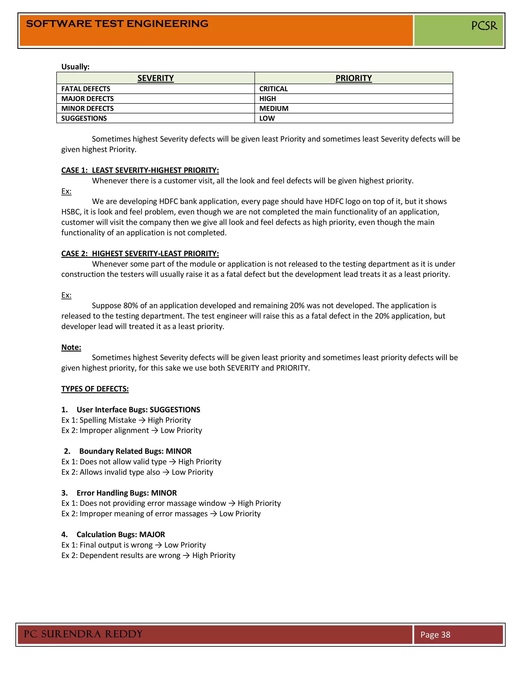 SOFTWARE TEST ENGINEERING                                                                                                       PCSR


     Usually:
                            SEVERITY                                                    PRIORITY
     FATAL DEFECTS                                               CRITICAL
     MAJOR DEFECTS                                               HIGH
     MINOR DEFECTS                                               MEDIUM
     SUGGESTIONS                                                 LOW

              Sometimes highest Severity defects will be given least Priority and sometimes least Severity defects will be
     given highest Priority.

     CASE 1: LEAST SEVERITY-HIGHEST PRIORITY:
               Whenever there is a customer visit, all the look and feel defects will be given highest priority.
     Ex:
               We are developing HDFC bank application, every page should have HDFC logo on top of it, but it shows
     HSBC, it is look and feel problem, even though we are not completed the main functionality of an application,
     customer will visit the company then we give all look and feel defects as high priority, even though the main
     functionality of an application is not completed.

     CASE 2: HIGHEST SEVERITY-LEAST PRIORITY:
             Whenever some part of the module or application is not released to the testing department as it is under
     construction the testers will usually raise it as a fatal defect but the development lead treats it as a least priority.

     Ex:
              Suppose 80% of an application developed and remaining 20% was not developed. The application is
     released to the testing department. The test engineer will raise this as a fatal defect in the 20% application, but
     developer lead will treated it as a least priority.

     Note:
              Sometimes highest Severity defects will be given least priority and sometimes least priority defects will be
     given highest priority, for this sake we use both SEVERITY and PRIORITY.

     TYPES OF DEFECTS:

     1. User Interface Bugs: SUGGESTIONS
     Ex 1: Spelling Mistake → High Priority
     Ex 2: Improper alignment → Low Priority

      2. Boundary Related Bugs: MINOR
     Ex 1: Does not allow valid type → High Priority
     Ex 2: Allows invalid type also → Low Priority

     3. Error Handling Bugs: MINOR
     Ex 1: Does not providing error massage window → High Priority
     Ex 2: Improper meaning of error massages → Low Priority

     4. Calculation Bugs: MAJOR
     Ex 1: Final output is wrong → Low Priority
     Ex 2: Dependent results are wrong → High Priority




PC SURENDRA REDDY                                                                                                 Page 38
 