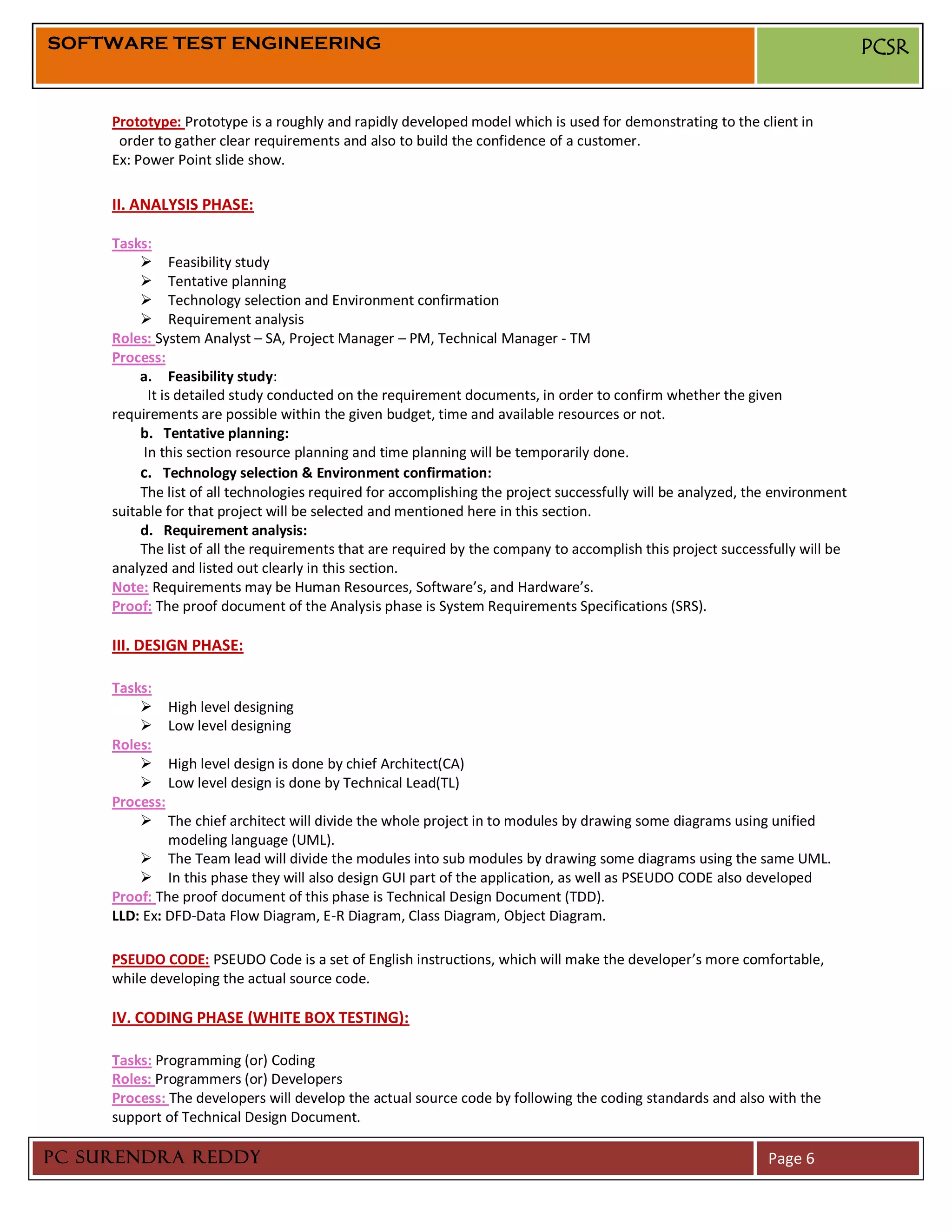 SOFTWARE TEST ENGINEERING                                                                                                      PCSR


     Prototype: Prototype is a roughly and rapidly developed model which is used for demonstrating to the client in
      order to gather clear requirements and also to build the confidence of a customer.
     Ex: Power Point slide show.

     II. ANALYSIS PHASE:

     Tasks:
           Feasibility study
           Tentative planning
           Technology selection and Environment confirmation
           Requirement analysis
     Roles: System Analyst – SA, Project Manager – PM, Technical Manager - TM
     Process:
          a. Feasibility study:
           It is detailed study conducted on the requirement documents, in order to confirm whether the given
     requirements are possible within the given budget, time and available resources or not.
          b. Tentative planning:
          In this section resource planning and time planning will be temporarily done.
          c. Technology selection & Environment confirmation:
          The list of all technologies required for accomplishing the project successfully will be analyzed, the environment
     suitable for that project will be selected and mentioned here in this section.
          d. Requirement analysis:
          The list of all the requirements that are required by the company to accomplish this project successfully will be
     analyzed and listed out clearly in this section.
     Note: Requirements may be Human Resources, Software’s, and Hardware’s.
     Proof: The proof document of the Analysis phase is System Requirements Specifications (SRS).

     III. DESIGN PHASE:

     Tasks:
          High level designing
          Low level designing
     Roles:
          High level design is done by chief Architect(CA)
          Low level design is done by Technical Lead(TL)
     Process:
          The chief architect will divide the whole project in to modules by drawing some diagrams using unified
              modeling language (UML).
          The Team lead will divide the modules into sub modules by drawing some diagrams using the same UML.
          In this phase they will also design GUI part of the application, as well as PSEUDO CODE also developed
     Proof: The proof document of this phase is Technical Design Document (TDD).
     LLD: Ex: DFD-Data Flow Diagram, E-R Diagram, Class Diagram, Object Diagram.

     PSEUDO CODE: PSEUDO Code is a set of English instructions, which will make the developer’s more comfortable,
     while developing the actual source code.

     IV. CODING PHASE (WHITE BOX TESTING):

     Tasks: Programming (or) Coding
     Roles: Programmers (or) Developers
     Process: The developers will develop the actual source code by following the coding standards and also with the
     support of Technical Design Document.

PC SURENDRA REDDY                                                                                              Page 6
 
