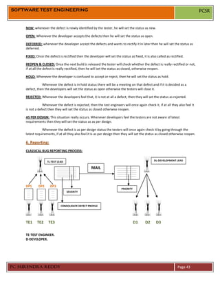 SOFTWARE TEST ENGINEERING                                                                                                                                                 PCSR


     NEW: whenever the defect is newly identified by the tester, he will set the status as new.

     OPEN: Whenever the developer accepts the defects then he will set the status as open.

     DEFERRED: whenever the developer accept the defects and wants to rectify it in later then he will set the status as
     deferred.

     FIXED: Once the defect is rectified then the developer will set the status as fixed, it is also called as rectified.

     REOPEN & CLOSED: Once the next build is released the tester will check whether the defect is really rectified or not,
     if at all the defect is really rectified, then he will set the status as closed, otherwise reopen.

     HOLD: Whenever the developer is confused to accept or reject, then he will set the status as hold.

                Whenever the defect is in hold status there will be a meeting on that defect and if it is decided as a
     defect, then the developers will set the status as open otherwise the testers will close it.

     REJECTED: Whenever the developers feel that, it is not at all a defect, then they will set the status as rejected.

                 Whenever the defect is rejected, then the test engineers will once again check it, if at all they also feel it
     is not a defect then they will set the status as closed otherwise reopen.

     AS PER DESIGN: This situation really occurs. Whenever developers feel the testers are not aware of latest
     requirements then they will set the status as as per design.

                 Whenever the defect is as per design status the testers will once again check it by going through the
     latest requirements, if at all they also feel it is as per design then they will set the status as closed otherwise reopen.

     6. Reporting:
     CLASSICAL BUG REPORTING PROCESS:

                          TL-TEST LEAD                                                                                                           DL-DEVELOPMENT LEAD

                                       --------------------------------------------   MAIL   --------------------------------------------
                                                                                             --------------------------------------------
                                       --------------------------------------------
                                       --------------------------------------------          --------------------------------------------
                                       --------------------------------------------          --------------------------------------------
                                       --------------------------------------------          --------------------------------------------
                                       --------------------------------------------          --------------------------------------------
                                       --------------------------------------------          --------------------------------------------



     DP1       DP2          DP3
                                                                                                      PRIORITY
     -------
     -------
                -------
                -------
                             -------
                             -------
                                                            SEVERITY
     -------    -------      -------
     -------    -------      -------
     -------    -------      -------
     ---        ---          ---


                                               CONSOLIDATE DEFECT PROFILE




     TE1       TE2        TE3                                                                                                    D1         D2    D3

     TE-TEST ENGINEER.
     D-DEVELOPER.




PC SURENDRA REDDY                                                                                                                                               Page 43
 