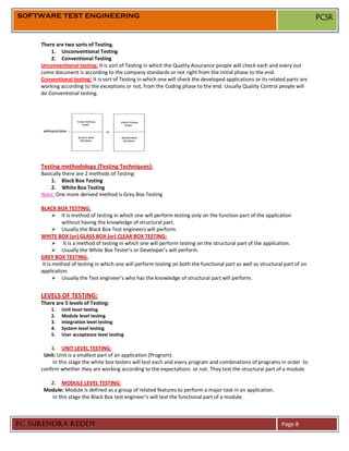 SOFTWARE TEST ENGINEERING                                                                                                      PCSR


     There are two sorts of Testing.
         1. Unconventional Testing
         2. Conventional Testing
     Unconventional testing: It is sort of Testing in which the Quality Assurance people will check each and every out
     come document is according to the company standards or not right from the Initial phase to the end.
     Conventional testing: It is sort of Testing in which one will check the developed applications or its related parts are
     working according to the exceptions or not, from the Coding phase to the end. Usually Quality Control people will
     do Conventional testing.




     Testing methodology (Testing Techniques):
     Basically there are 2 methods of Testing:
         1. Black Box Testing
         2. White Box Testing
     Note: One more derived method is Grey Box Testing

     BLACK BOX TESTING:
            It is method of testing in which one will perform testing only on the function part of the application
              without having the knowledge of structural part.
            Usually the Black Box Test engineers will perform.
     WHITE BOX (or) GLASS BOX (or) CLEAR BOX TESTING:
            It is a method of testing in which one will perform testing on the structural part of the application.
            Usually the White Box Tester’s or Developer’s will perform.
     GREY BOX TESTING:
     It is method of testing in which one will perform testing on both the functional part as well as structural part of on
     application.
            Usually the Test engineer’s who has the knowledge of structural part will perform.


     LEVELS OF TESTING:
     There are 5 levels of Testing:
         1.   Unit level testing
         2.   Module level testing
         3.   Integration level testing
         4.   System level testing
         5.   User acceptance level testing

         1. UNIT LEVEL TESTING:
      Unit: Unit is a smallest part of an application (Program).
          In this stage the white box testers will test each and every program and combinations of programs in order to
     confirm whether they are working according to the expectations or not. They test the structural part of a module.

        2. MODULE LEVEL TESTING:
      Module: Module is defined as a group of related features to perform a major task in an application.
        In this stage the Black Box test engineer’s will test the functional part of a module.



PC SURENDRA REDDY                                                                                               Page 8
 