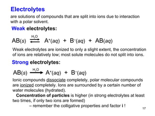 Electrolytes are  solutions of  compounds that are split into ions  due to  interaction with a polar solvent. Ionic compounds  dissociate  completely, polar molecular compounds are  ionized  completely . I ons are surrounded by a certain number of water molecules (hydrated).  Concentration of particles  is higher ( in strong electrolytes  at least two times, if only two   ions are formed)  –  remember the colligative properties and factor  i  ! Weak  electrolytes: AB ( s )   A + ( aq )   +  B – ( aq )   +  AB ( aq ) H 2 O Weak electrolytes are ionized to only a slight extent, the concentration of ions are relatively low; most solute molecules do not split into ions. AB ( s )   A + ( aq )   +  B – ( aq ) H 2 O Strong  electrolytes: 