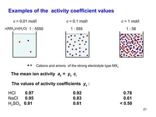 Examples of the  activity coefficient values  The mean ion activity  a ±  =  y ±  c i   The values of activity coefficients  y ±  : HCl   0.97   0.92   0.78 NaCl   0.95   0.83   0.61 H 2 SO 4  0.81   0.61   < 0.50   Cations and anions  of the strong electrolyte type MX 2 c  = 0.01 mol/l c  = 0.1 mol/l c  = 1 mol/l n (MX 2 )/ n (H 2 O)  1 : 5550 1 : 555 1 : 56 