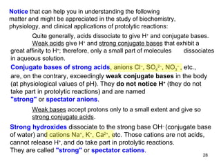 Notice  that can help you in understanding the following matter and might be appreciated in the study of biochemistry, physiology, and clinical applications of protolytic reactions:  Strong hydroxides  dissociate to  the strong base  OH –  (conjugate base of water)  and cations Na + , K + , Ca 2+ , etc.   Those cations are not acids, cannot   release H + ,   and do take part in   protolytic reactions. They are called  "strong"  or  spectator cations . Quite generally, acids dissociate to give H +  and conjugate bases.  Weak acids  give H +  and  strong conjugate bases  that exhibit a  great   affinity to H + ; therefore, only a small part of molecules  dissociates   in aqueous solution.   Conjugate bases of strong acids , anions Cl – , SO 4 2– , NO 3 –  , etc., are, on the contrary, exceedingly  weak conjugate bases   in the body (at physiological values of pH) . They  do not notice H +   (they do not take part in protolytic reactions)   and are named "strong"  or  spectator anions .   Weak bases  accept protons only to a small extent and give so  strong conjugate acids . 