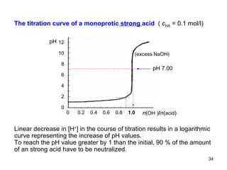 The titration curve of a monoprotic  strong  acid  (  c HA  = 0.1 mol/l) Linear decrease in  [H + ] in the course of titration results in a logarithmic curve representing the increase of pH values. To reach the pH value greater by 1 than the initial, 90 % of the amount of an strong acid have to be neutralized. 12 10 8 6 4 2 0 pH pH 7.00 (excess NaOH) n ( OH – ) / n ( acid ) 0  0.2  0.4  0.6  0.8  1.0 