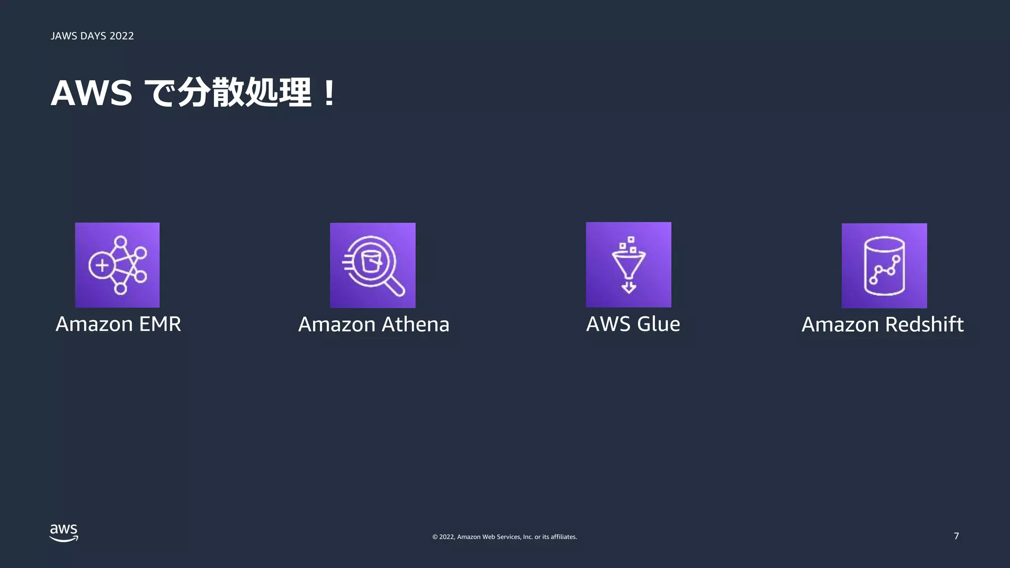 JAWS DAYS 2022
© 2022, Amazon Web Services, Inc. or its affiliates.
AWS で分散処理！
7
AWS Glue
Amazon Athena
Amazon EMR Amazon Redshift
 