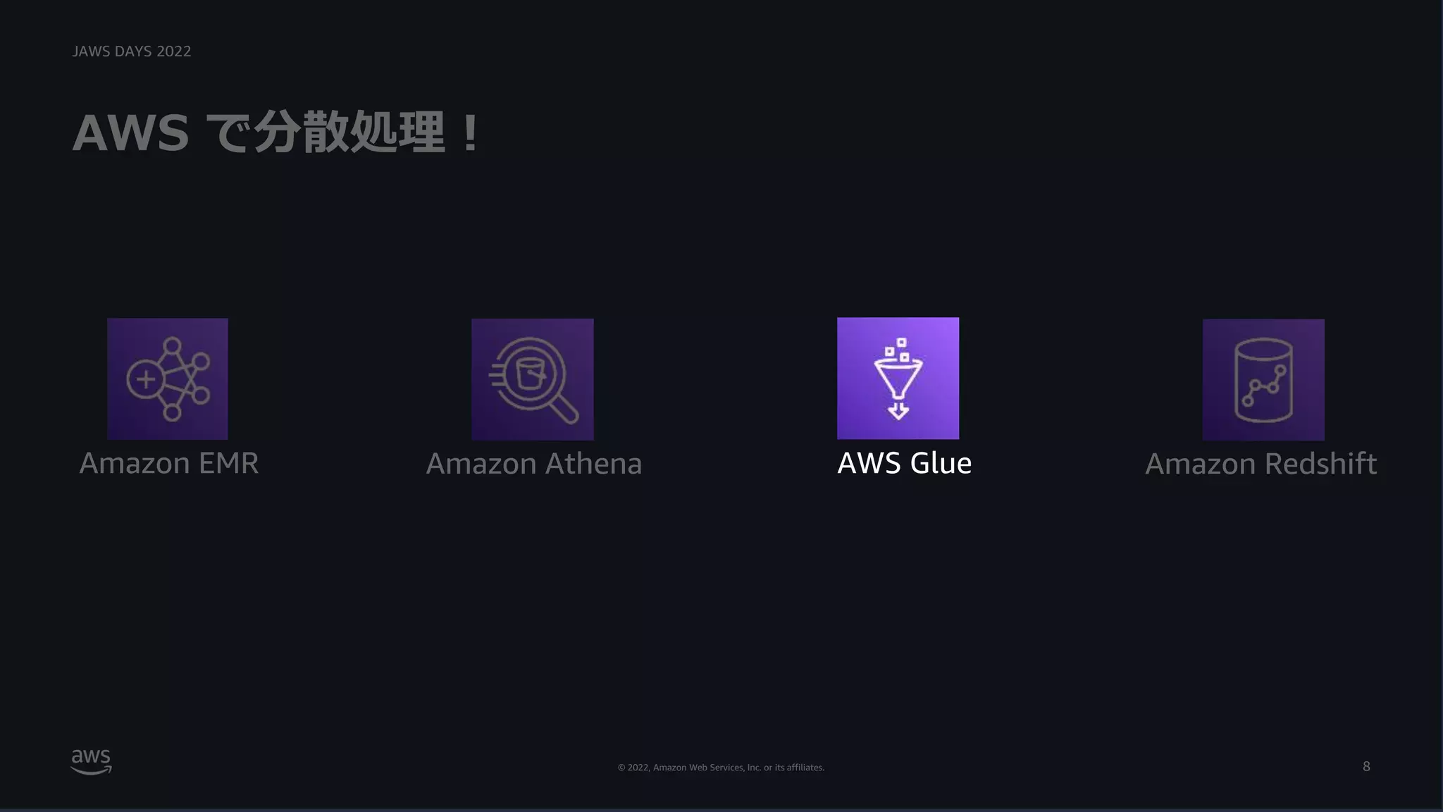 JAWS DAYS 2022
© 2022, Amazon Web Services, Inc. or its affiliates.
AWS で分散処理！
8
Amazon Athena
Amazon EMR Amazon Redshift
AWS Glue
 