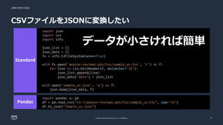 JAWS DAYS 2022
© 2022, Amazon Web Services, Inc. or its affiliates.
CSVファイルをJSONに変換したい
4
import pandas as pd
df = pd.read_csv("s3://amazon-reviews-pds/tsv/sample_us.tsv", sep='t')
df.to_json("sample_us.json")
import json
import csv
import s3fs
json_list = []
json_data = {}
fs = s3fs.S3FileSystem(anon=True)
with fs.open('amazon-reviews-pds/tsv/sample_us.tsv', 'r') as f:
for line in csv.DictReader(f, delimiter='t’):
json_list.append(line)
json_data["data"] = json_list
with open('sample_us.json', 'w') as f:
json.dump(json_data, f)
 