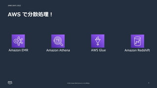 JAWS DAYS 2022
© 2022, Amazon Web Services, Inc. or its affiliates.
AWS で分散処理！
7
AWS Glue
Amazon Athena
Amazon EMR Amazon Redshift
 