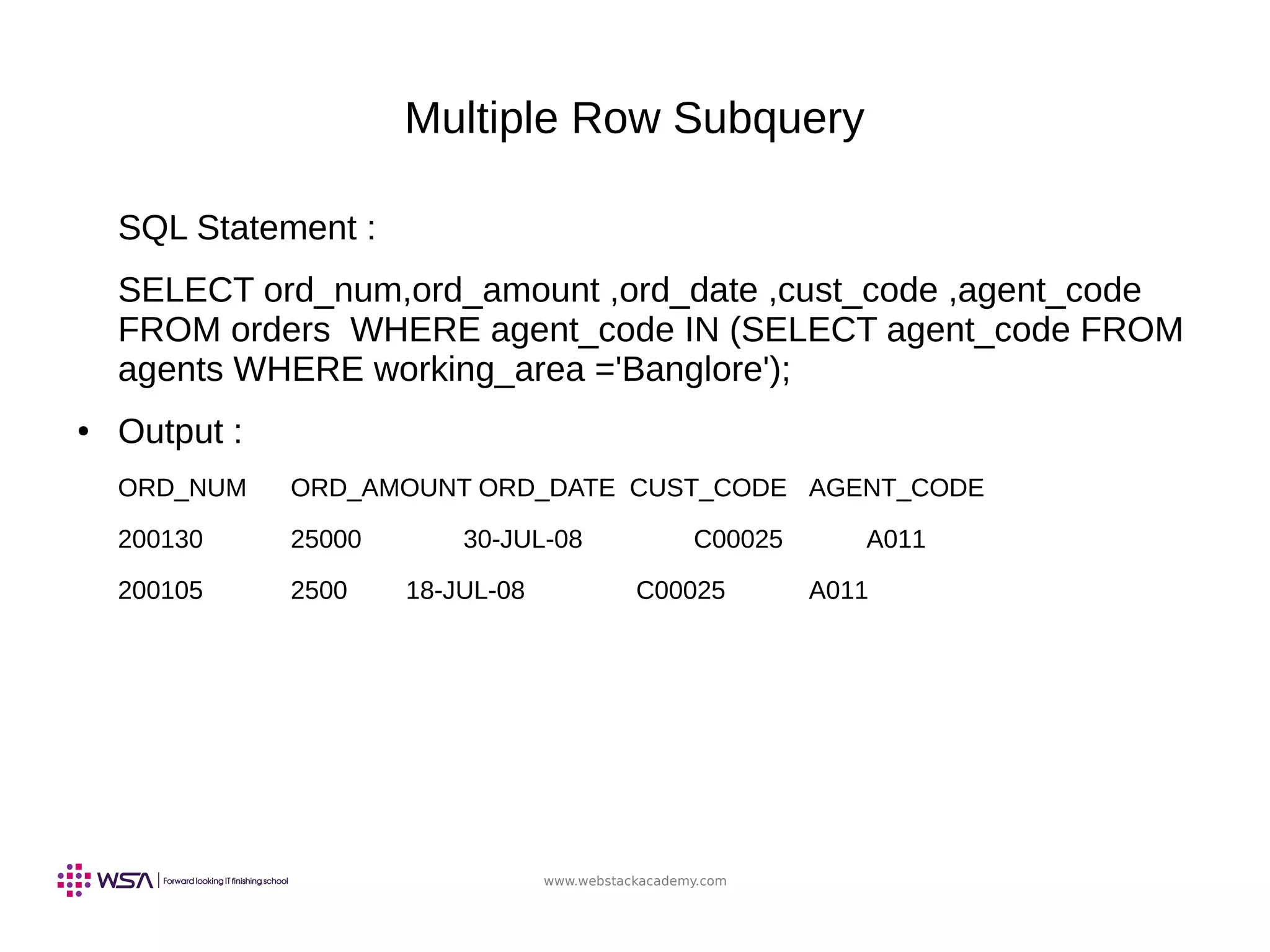 www.webstackacademy.com
Multiple Row Subquery
SQL Statement :
SELECT ord_num,ord_amount ,ord_date ,cust_code ,agent_code
FROM orders WHERE agent_code IN (SELECT agent_code FROM
agents WHERE working_area ='Banglore');
● Output :
ORD_NUM ORD_AMOUNT ORD_DATE CUST_CODE AGENT_CODE
200130 25000 30-JUL-08 C00025 A011
200105 2500 18-JUL-08 C00025 A011
 