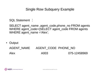 www.webstackacademy.com
Single Row Subquery Example
SQL Statement :
SELECT agent_name ,agent_code,phone_no FROM agents
WHERE agent_code=(SELECT agent_code FROM agents
WHERE agent_name ='Alex';
● Output
AGENT_NAME AGENT_CODE PHONE_NO
Alex A003 075-12458969
 