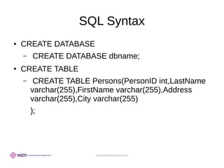 www.webstackacademy.com
SQL Syntax
● CREATE DATABASE
– CREATE DATABASE dbname;
● CREATE TABLE
– CREATE TABLE Persons(PersonID int,LastName
varchar(255),FirstName varchar(255),Address
varchar(255),City varchar(255)
);
 