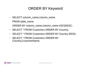 www.webstackacademy.com
ORDER BY Keyword
– SELECT column_name,column_name
FROM table_name
ORDER BY column_name,column_name ASC|DESC;
– SELECT * FROM Customers ORDER BY Country;
– SELECT * FROM Customers ORDER BY Country DESC;
– SELECT * FROM Customers ORDER BY
Country,CustomerName;
 
