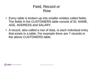 www.webstackacademy.com
Field, Record or
Row
● Every table is broken up into smaller entities called fields.
The fields in the CUSTOMERS table consist of ID, NAME,
AGE, ADDRESS and SALARY.
● A record, also called a row of data, is each individual entry
that exists in a table. For example there are 7 records in
the above CUSTOMERS table.
 