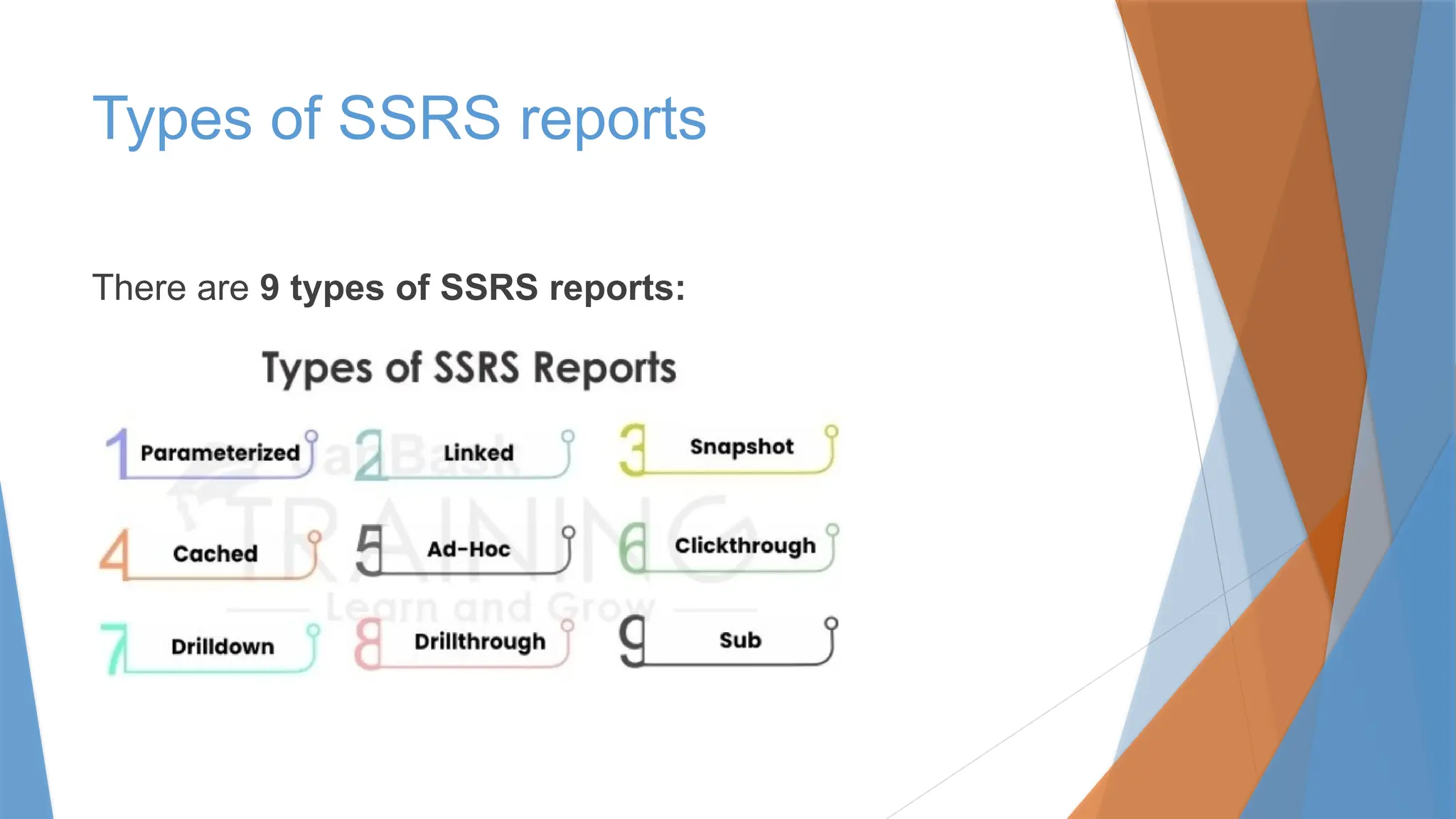 Types of SSRS reports
There are 9 types of SSRS reports:
 