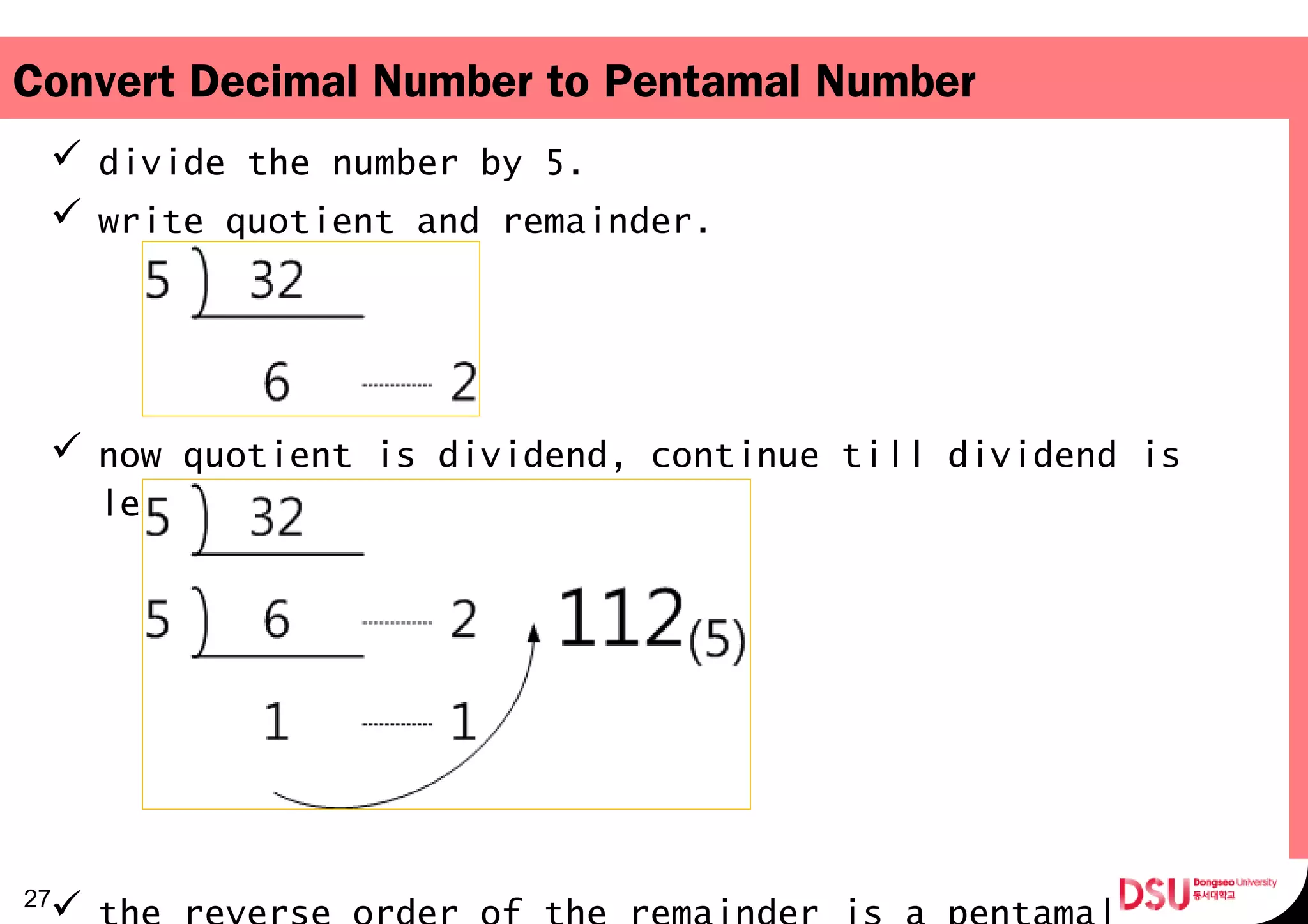Convert Decimal Number to Pentamal Number
 divide the number by 5.
 write quotient and remainder.
 now quotient is dividend, continue till dividend is
less than 5.
27
 