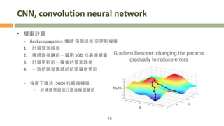 CNN, convolution neural network
• 權重計算
- Backpropagation: 傳遞 預測誤差 來更新權重
1. 計算預測誤差
2. 傳遞誤差讓前一層用 SGD 找最適權重
3. 計算更新前一層後的預測誤差
4. 一直把誤差傳遞給前面層做更新
- 梯度下降法 (SGD) 找最適權重
• 詳情請見微積分最後幾個章節
18
 