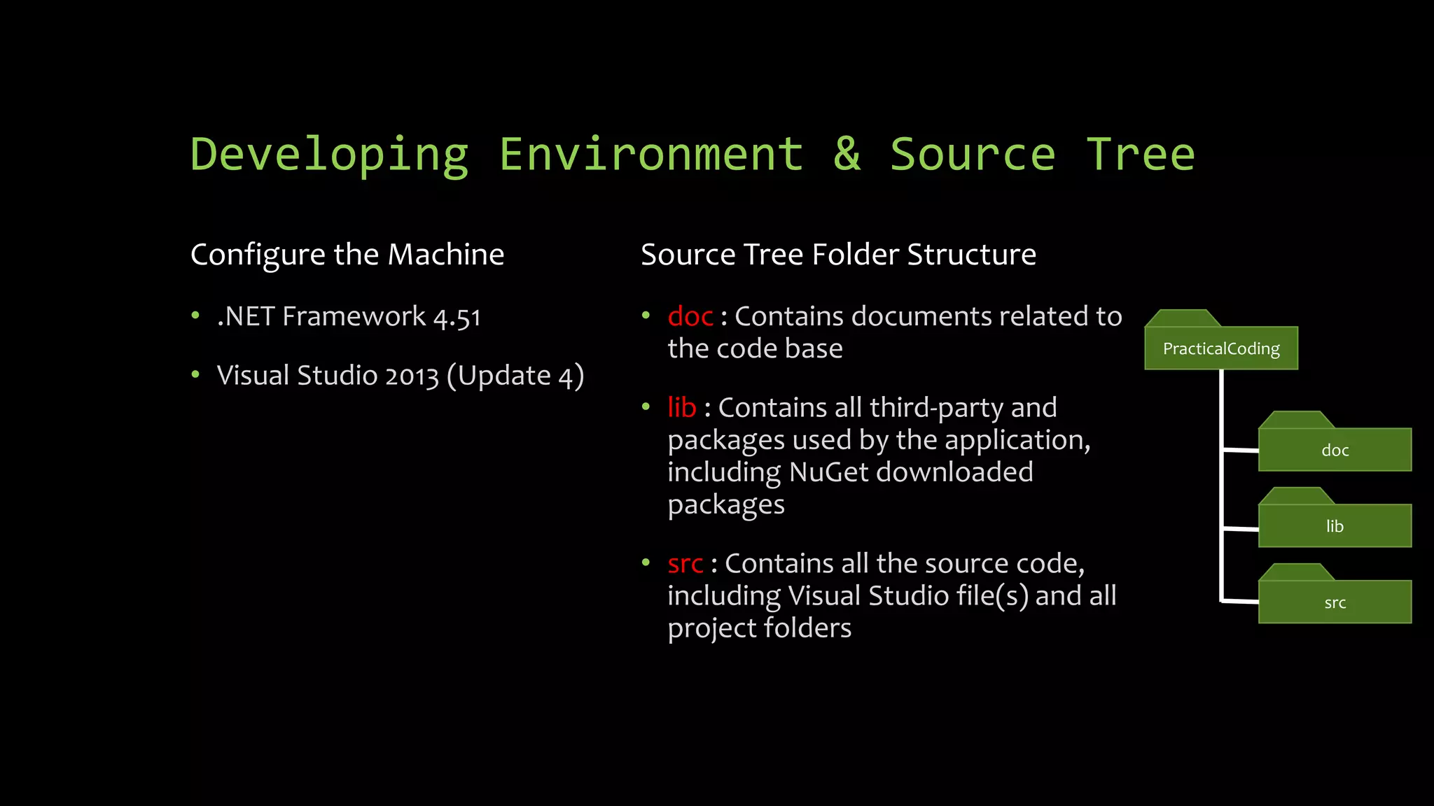 Developing Environment & Source Tree Configure the Machine • .NET Framework 4.51 • Visual Studio 2013 (Update 4) Source Tree Folder Structure • doc : Contains documents related to the code base • lib : Contains all third-party and packages used by the application, including NuGet downloaded packages • src : Contains all the source code, including Visual Studio file(s) and all project folders PracticalCoding doc lib src 