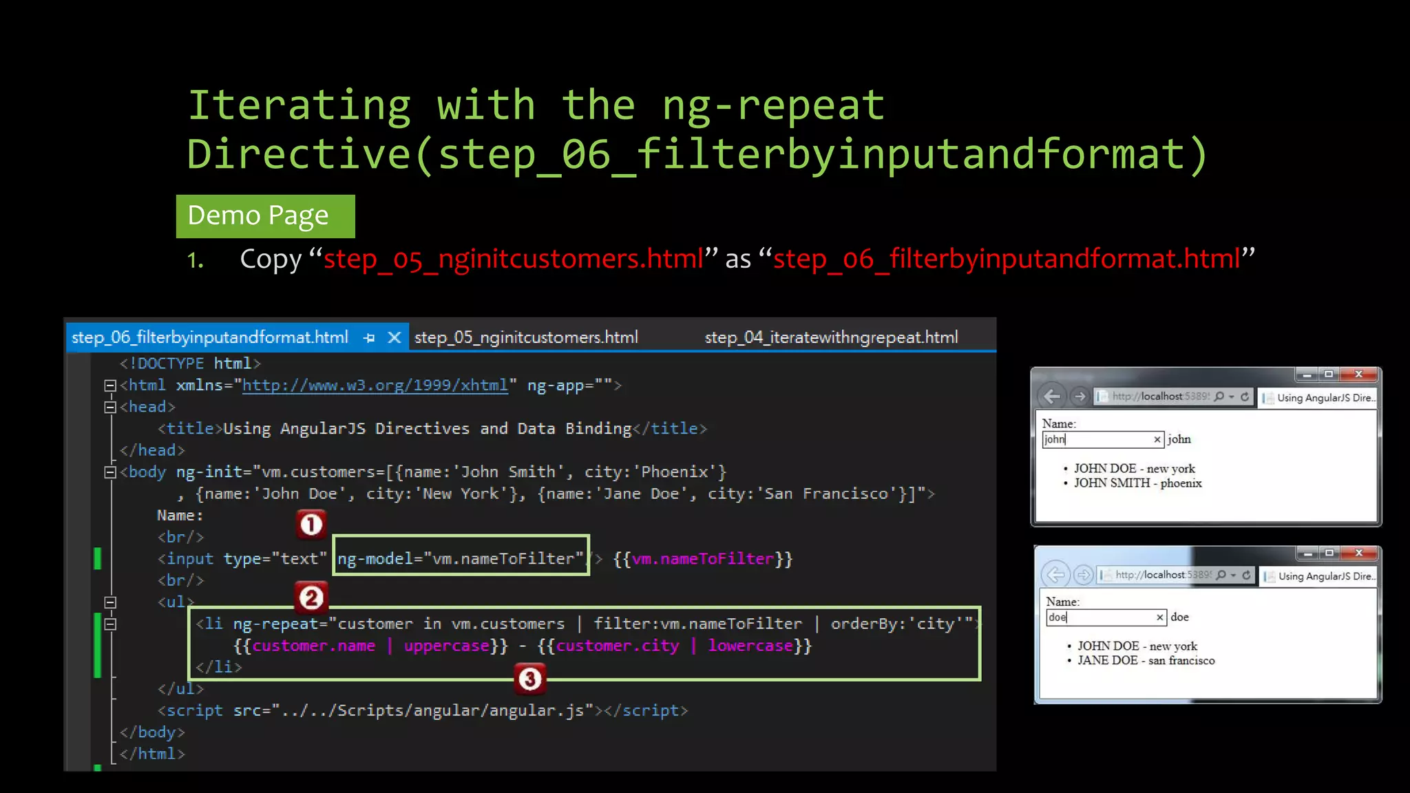 Iterating with the ng-repeat Directive(step_06_filterbyinputandformat) Demo Page 1. Copy “step_05_nginitcustomers.html” as “step_06_filterbyinputandformat.html” 