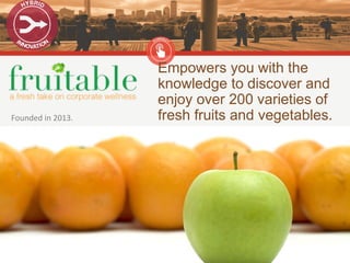 Empowers you with the
knowledge to discover and
enjoy over 200 varieties of
fresh fruits and vegetables.
06/10/15 11
Founded in 2013.
 