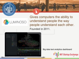 Gives computers the ability to
understand people the way
people understand each other.
Founded in 2011.
06/10/15 19
Big data text analytics dashboard
 