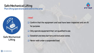 Safe Mechanical Lifting
Plan lifting operations and control the area
I shall:
 Confirm that the equipment and load have been inspected and are fit
for purpose.
 Only operate equipment that i am qualified to use.
 Establish and obey barriers and exclusion zones.
 Never walk under a suspended load.
 