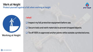 Ishall:
 Inspect my fall protection equipment before use.
 Secure tools and work materials to prevent dropped objects.
 Tie off 100% to approved anchor points while outside a protected area.
Work at Height
Protect yourself against a fall when working at height
 