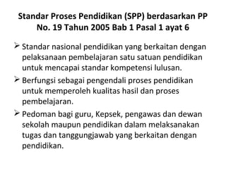 Standar Proses Pendidikan (SPP) berdasarkan PP
No. 19 Tahun 2005 Bab 1 Pasal 1 ayat 6
 Standar nasional pendidikan yang berkaitan dengan
pelaksanaan pembelajaran satu satuan pendidikan
untuk mencapai standar kompetensi lulusan.
 Berfungsi sebagai pengendali proses pendidikan
untuk memperoleh kualitas hasil dan proses
pembelajaran.
 Pedoman bagi guru, Kepsek, pengawas dan dewan
sekolah maupun pendidikan dalam melaksanakan
tugas dan tanggungjawab yang berkaitan dengan
pendidikan.
 