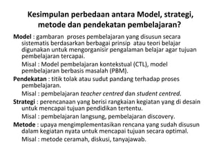 Kesimpulan perbedaan antara Model, strategi,
metode dan pendekatan pembelajaran?
Model : gambaran proses pembelajaran yang disusun secara
sistematis berdasarkan berbagai prinsip atau teori belajar
digunakan untuk mengorganisir pengalaman belajar agar tujuan
pembelajaran tercapai.
Misal : Model pembelajaran kontekstual (CTL), model
pembelajaran berbasis masalah (PBM).
Pendekatan : titik tolak atau sudut pandang terhadap proses
pembelajaran.
Misal : pembelajaran teacher centred dan student centred.
Strategi : perencanaan yang berisi rangkaian kegiatan yang di desain
untuk mencapai tujuan pendidikan tertentu.
Misal : pembelajaran langsung, pembelajaran discovery.
Metode : upaya mengimplementasikan rencana yang sudah disusun
dalam kegiatan nyata untuk mencapai tujuan secara optimal.
Misal : metode ceramah, diskusi, tanyajawab.
 