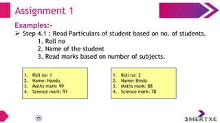 Examples:-
 Step 4.1 : Read Particulars of student based on no. of students.
1. Roll no
2. Name of the student
3. Read marks based on number of subjects.
Assignment 1
1. Roll no: 1
2. Name: Nandu
3. Maths mark: 99
4. Science mark: 91
1. Roll no: 2
2. Name: Bindu
3. Maths mark: 88
4. Science mark: 78
 