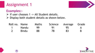 Examples:-
 If user chooses 1 -> All Student details.
 Display both student details as shown below.
Roll no. Name Maths Science Average Grade
1 Nandu 99 91 95 A
2 Bindu 88 78 83 B
Assignment 1
 