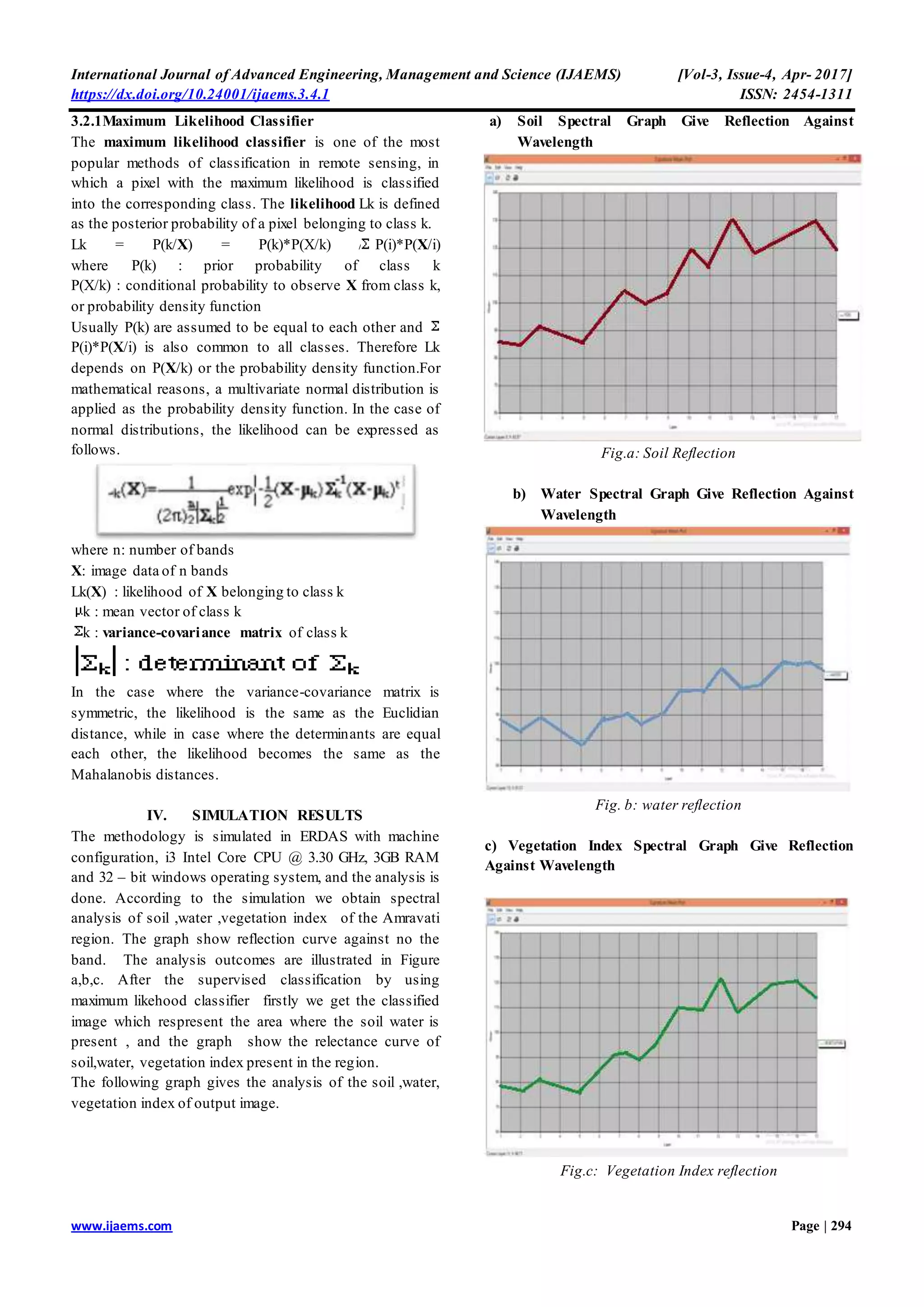 International Journal of Advanced Engineering, Management and Science (IJAEMS) [Vol-3, Issue-4, Apr- 2017]
https://dx.doi.org/10.24001/ijaems.3.4.1 ISSN: 2454-1311
www.ijaems.com Page | 294
3.2.1Maximum Likelihood Classifier
The maximum likelihood classifier is one of the most
popular methods of classification in remote sensing, in
which a pixel with the maximum likelihood is classified
into the corresponding class. The likelihood Lk is defined
as the posterior probability of a pixel belonging to class k.
Lk = P(k/X) = P(k)*P(X/k) / P(i)*P(X/i)
where P(k) : prior probability of class k
P(X/k) : conditional probability to observe X from class k,
or probability density function
Usually P(k) are assumed to be equal to each other and
P(i)*P(X/i) is also common to all classes. Therefore Lk
depends on P(X/k) or the probability density function.For
mathematical reasons, a multivariate normal distribution is
applied as the probability density function. In the case of
normal distributions, the likelihood can be expressed as
follows.
where n: number of bands
X: image data of n bands
Lk(X) : likelihood of X belonging to class k
k : mean vector of class k
k : variance-covariance matrix of class k
In the case where the variance-covariance matrix is
symmetric, the likelihood is the same as the Euclidian
distance, while in case where the determinants are equal
each other, the likelihood becomes the same as the
Mahalanobis distances.
IV. SIMULATION RESULTS
The methodology is simulated in ERDAS with machine
configuration, i3 Intel Core CPU @ 3.30 GHz, 3GB RAM
and 32 – bit windows operating system, and the analysis is
done. According to the simulation we obtain spectral
analysis of soil ,water ,vegetation index of the Amravati
region. The graph show reflection curve against no the
band. The analysis outcomes are illustrated in Figure
a,b,c. After the supervised classification by using
maximum likehood classifier firstly we get the classified
image which respresent the area where the soil water is
present , and the graph show the relectance curve of
soil,water, vegetation index present in the region.
The following graph gives the analysis of the soil ,water,
vegetation index of output image.
a) Soil Spectral Graph Give Reflection Against
Wavelength
Fig.a: Soil Reflection
b) Water Spectral Graph Give Reflection Against
Wavelength
Fig. b: water reflection
c) Vegetation Index Spectral Graph Give Reflection
Against Wavelength
Fig.c: Vegetation Index reflection
 