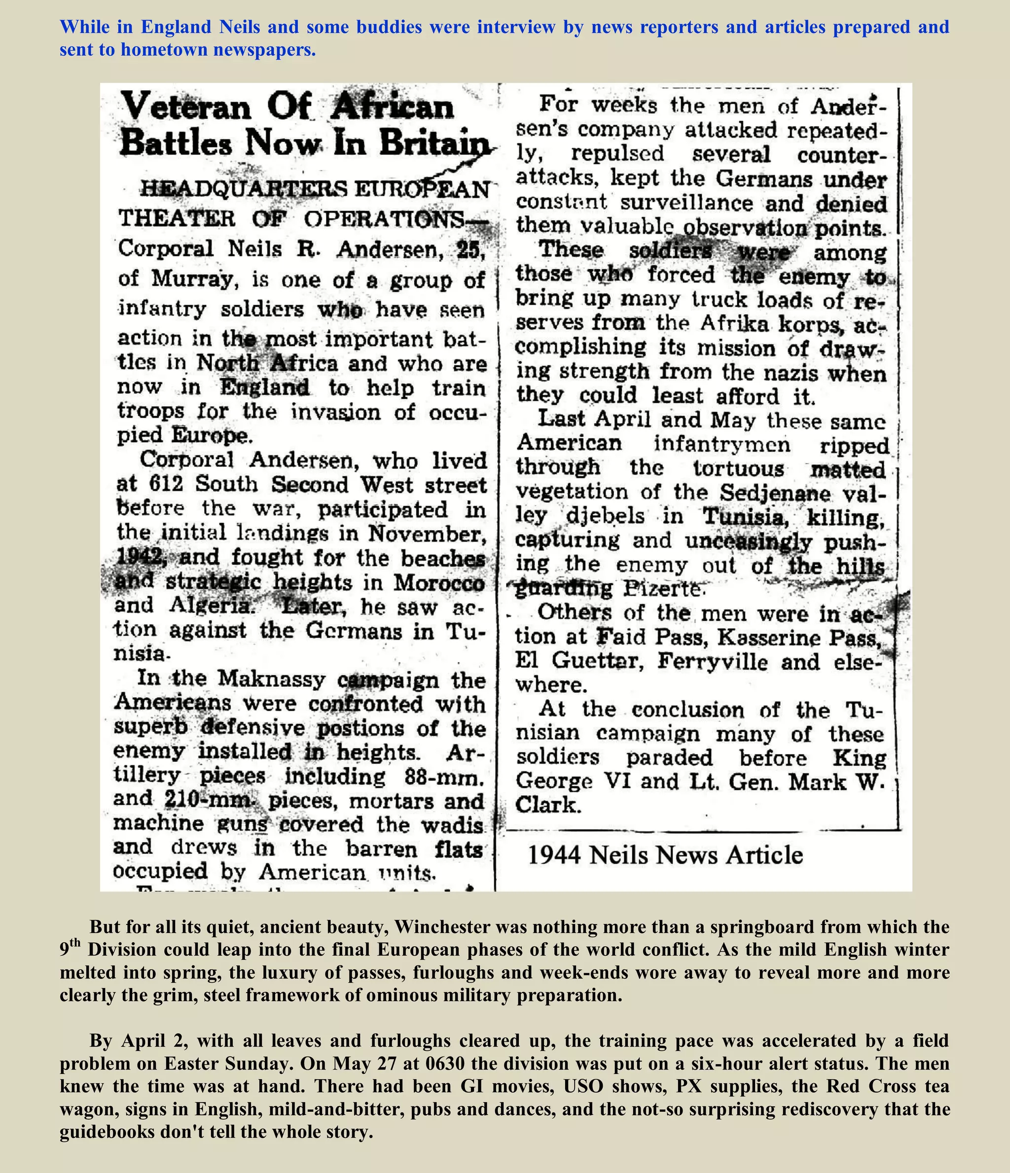 July 29, 1943 – The 60th & 47th - On the morning of July 29, 1943 five passenger ships (the Borinquin,
Evangeline, Orizaba, Mexica, and Shawnee) with escort, moved out of Mers el Kebir (near Oran,
Algeria), preceded by freighters. The trip was uneventful and the convoy arrived off PALERMO, Sicily
harbor in the early evening of July 31. But it was impossible to unload and the ships remained anchored
during the night.
At approximately 0415 on Sunday Aug. 1, 1943 — the 3rd anniversary of the 9th
Division — the
celebration began. Enemy planes raided the harbor for an hour and 45 minutes. During the raid the 9th
lost neither personnel nor equipment, but an undetermined number of enemy planes were shot down.
That morning unloading of ships began and division units went into bivouac east of Palermo. During the
next few days concentration of the division east of Nicosia was completed.
The 1st Infantry Division (including 39th
) pushed its way eastward against stiffening German opposition,
capturing Nicosia on the 28th of July before moving on to Troina. The mountain village would prove to
be the unit's toughest battle, as well as one of the most difficult fights of the entire Sicily Campaign.
TROINA constituted one of the main anchors of the Etna Line and was defended by the 15th Panzer
Grenadier Division and elements of the Italian Aosta Division. The Axis forces were deeply entrenched in
hills that both dominated the approaches to the town and were difficult to outflank. The barren
landscape, almost devoid of cover, made advancing American soldiers easy targets for Axis gunners.
The battle for TROINA began on 31 July 1943, when the Germans repulsed an advance by the 39th
Infantry Regiment, a 9th Infantry Division outfit temporarily attached to the 1st Division. The setback
forced Bradley and Allen to orchestrate a massive assault. Over the next six days the men of the 1st
Infantry Division, together with elements of the 9th Division, a French Moroccan infantry battalion, 165
artillery pieces (divided among 9 battalions of 105-mm. howitzers, 6 battalions of 155-mm. howitzers, and
1 battalion of 155-mm. "Long Tom" guns), and numerous Allied aircraft, were locked in combat with
Troina's tenacious defenders. Control of key hilltop positions see-sawed back and forth in vicious
combat, with the Germans launching no fewer than two dozen counterattacks during the week-long
battle.
Aug. 5, 1943 - The 39th
rejoined the 9th Division (47th
& 60th
) west of TROINA. By Aug. 5 all units were in
a position for the attack that was launched on the morning of Aug. 6.
The 60th lnf. was sent on a wide flanking movement north through almost impassable terrain. Their
mission was similar to what they had accomplished (Ghost March) so brilliantly in the Bizerte campaign.
Again there were major problems of supply and evacuations were solved by the supply services, medics,
and engineers.
While the 60th Inf. went north through CAPIZZI and then east, the 47th and 39th advanced east from
TROINA. The enemy once again was maneuvered out of one position after another. By Aug. 12 the 60th
Inf. reached FLORESTA, and the 39th occupied, keypoint of the enemy's last line of defense before
Messina. Here the 9th Div. was "pinched out" by the 3rd Div. on the north and the British on the south.
The 9th Div. remained in position until Aug. 20, when it was officially announced that the island of Sicily
was free of enemy. On Aug. 23, movement began toward CEFALU on the Tyrrhenian Sea, half way
between PALERMO & FLORESTA
 