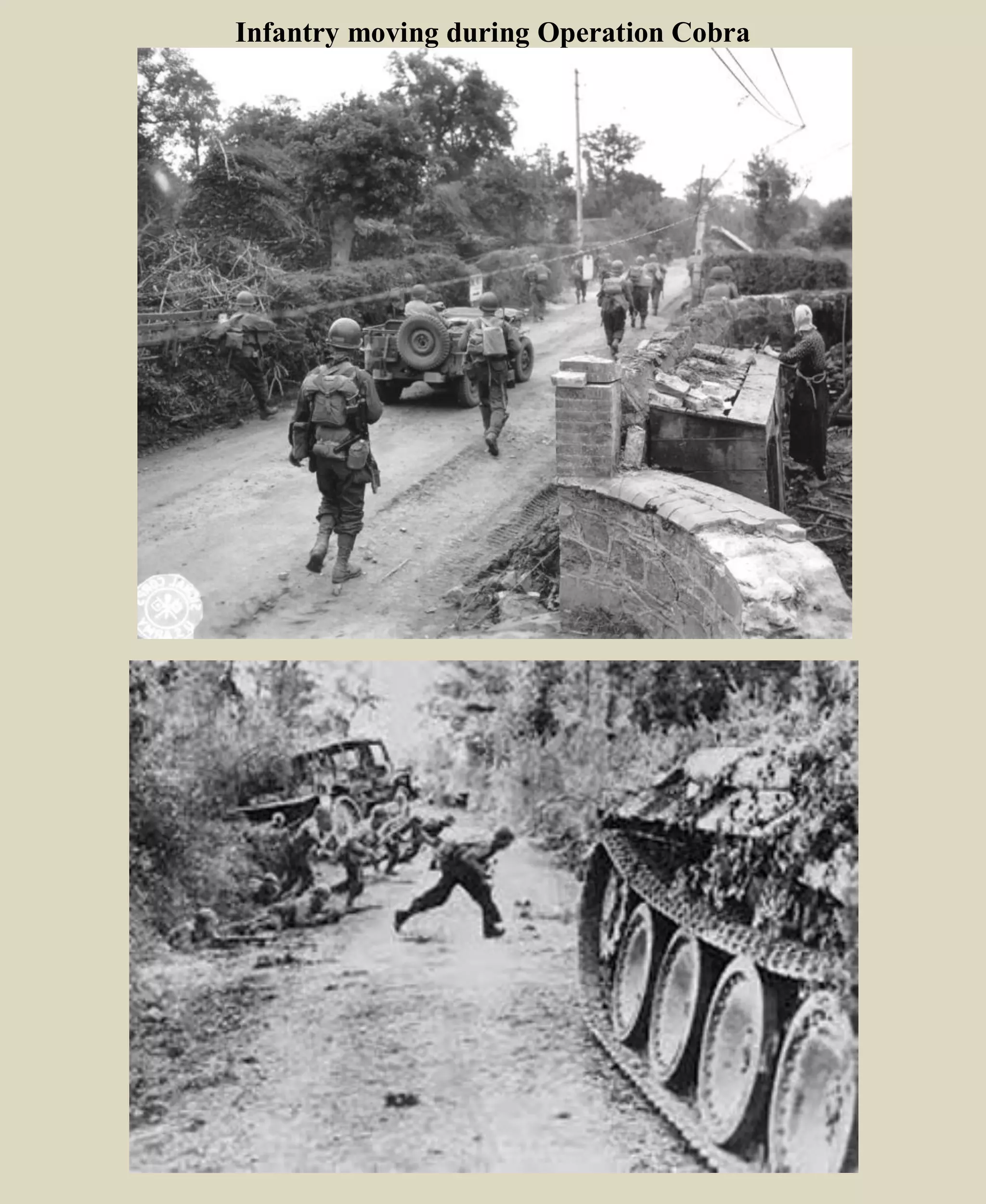 July 9 - SAMPLE OF COMBAT DIARIES (abbreviated)
Le Dezeret 9 July 1944
The 30th Div 120th Infantry was ordered to attack in a zone west of the highway and
flanked by the Terrette River; and nose of higher ground near le Desert, and protect that
flank until the arrival of the 9th Division late in the day. Enemy resistance, stiffened by
considerable artillery fire, slowed the approached this high ground.
At 1300 when 30th Div received a delegation of distinguished visitors including Lt. Gen.
George S. Patton, Jr., General Eddy (9th Division), and General Watson (3d Armored).
Enemy artillery began to register in the vicinity soon after their arrival. At 1425 the 120th
received word to the effect that 50 enemy tanks were coming up the highway from the
south. At 1500 30th Division heard that German tanks were pressing and followed by
enemy infantry
Soon, an estimated four German battalions were shelling the 120th's sector, and service
company trains were experiencing great difficulty in reaching the forward elements.
American artillery was called on for strong support and gave it. By 1830, the dangerous
area west of the highway was under control, with indications of enemy withdrawal.
Germans, unable to exploit the breakthrough, and beginning to be hard hit by the fires of
artillery, infantry, and armor, the Germans pulled out after losing five tanks
By nightfall the situation west of the highway was under control. The 120th had recovered
the ground lost, and was pushing past it. The 120th Div, under enemy pressure all
morning near le Desert, was relieved at 1600 by elements of the 9th Division ( 39th
Infantry).
By evening the 9th Division was coming into its new zone, north of the highway to le
Desert, and this promised improvement on 120th right flank.
The 9th Division had reached its battle positions by night of 9 July and was ready next
morning to launch an attack toward the west and southwest. Though the 9th was under
VII Corps, its operations were in the same tactical zone as the 30th's, and the two divisions
were to be closely associated in their work during the next ten days.
 