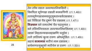 28
तेन तत्रैव वसता जनस्थानतनवाससनी ।
ववरूवपता शूपुणखा िाक्षसी कामरूवपणी ।।1.1.46।।
ततश्शूपुणखावाक्यादुद्युक्तान्सवुिाक्षसान्।
खिं त्रत्रसशिसं चैव दूषणं चैव िाक्षसम्।।1.1.47।।
तनजघान वने िामस्तेषां चैव पदानुगान्।
वने तजस्मजन्नवसता जनस्थानतनवाससनाम्।।1.1.48।।
िक्षसां तनहतान्यासन्सहस्राणण चतुदुश ।
ततो ज्ञाततवधं श्रुत्वा िावणः क्रोधमूतछुतः ।।1.1.49।।
सहायं वियामास मािीचं नाम िाक्षसम्।
वायुमाणस्सुबहुशो मािीचेन स िावणः ।।1.1.50।।
 